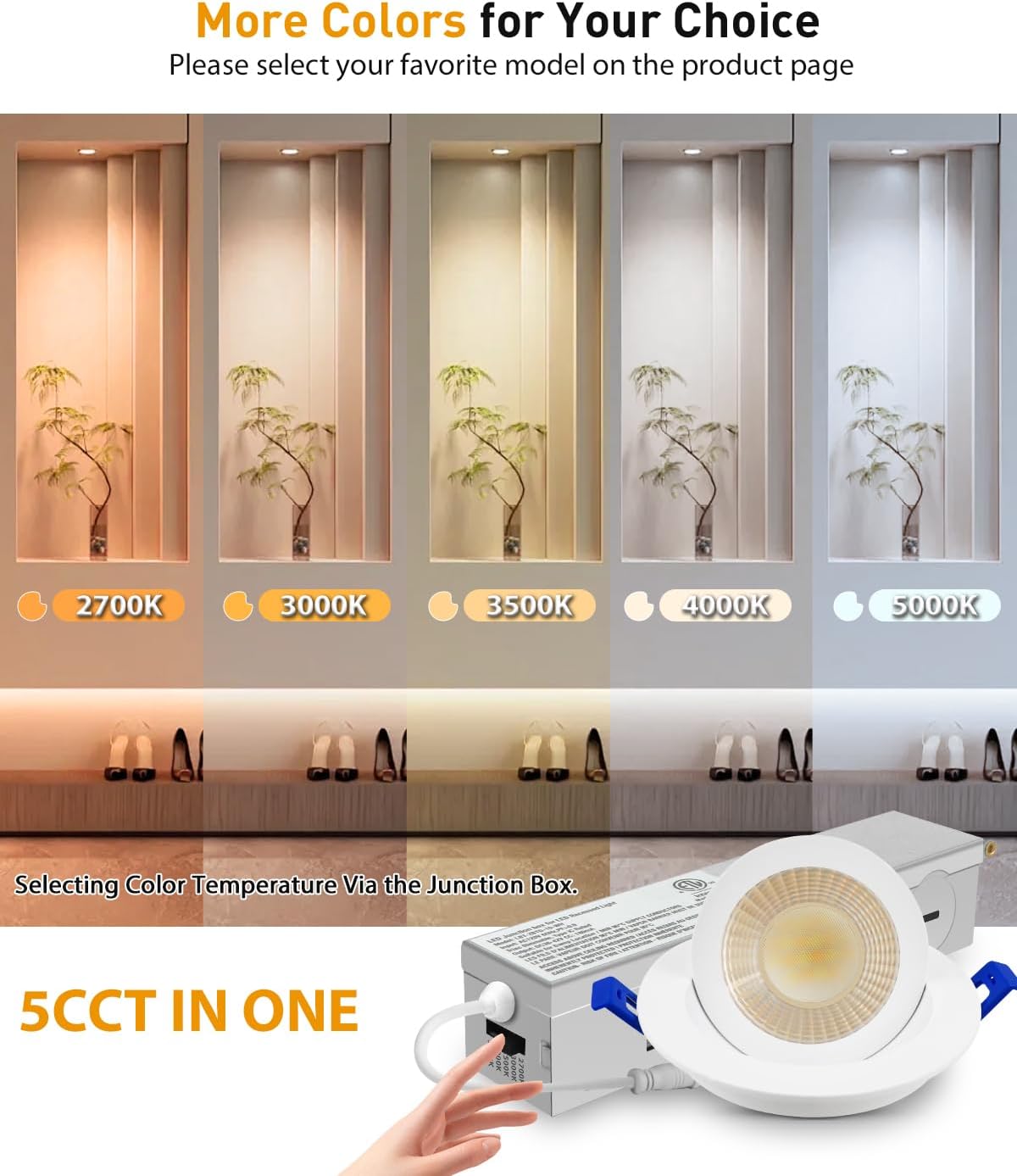 Adetu 2 Inch 5CCT Gimbal Led Recessed Lighting with Junction Box, 360°+90° Adjustable Recessed Can Lights, 2700K/3000K/3500K/4000K/5000K Selectable, 5W Eqv 50W, 550LM Brightness - ETL (White,12 Pack)