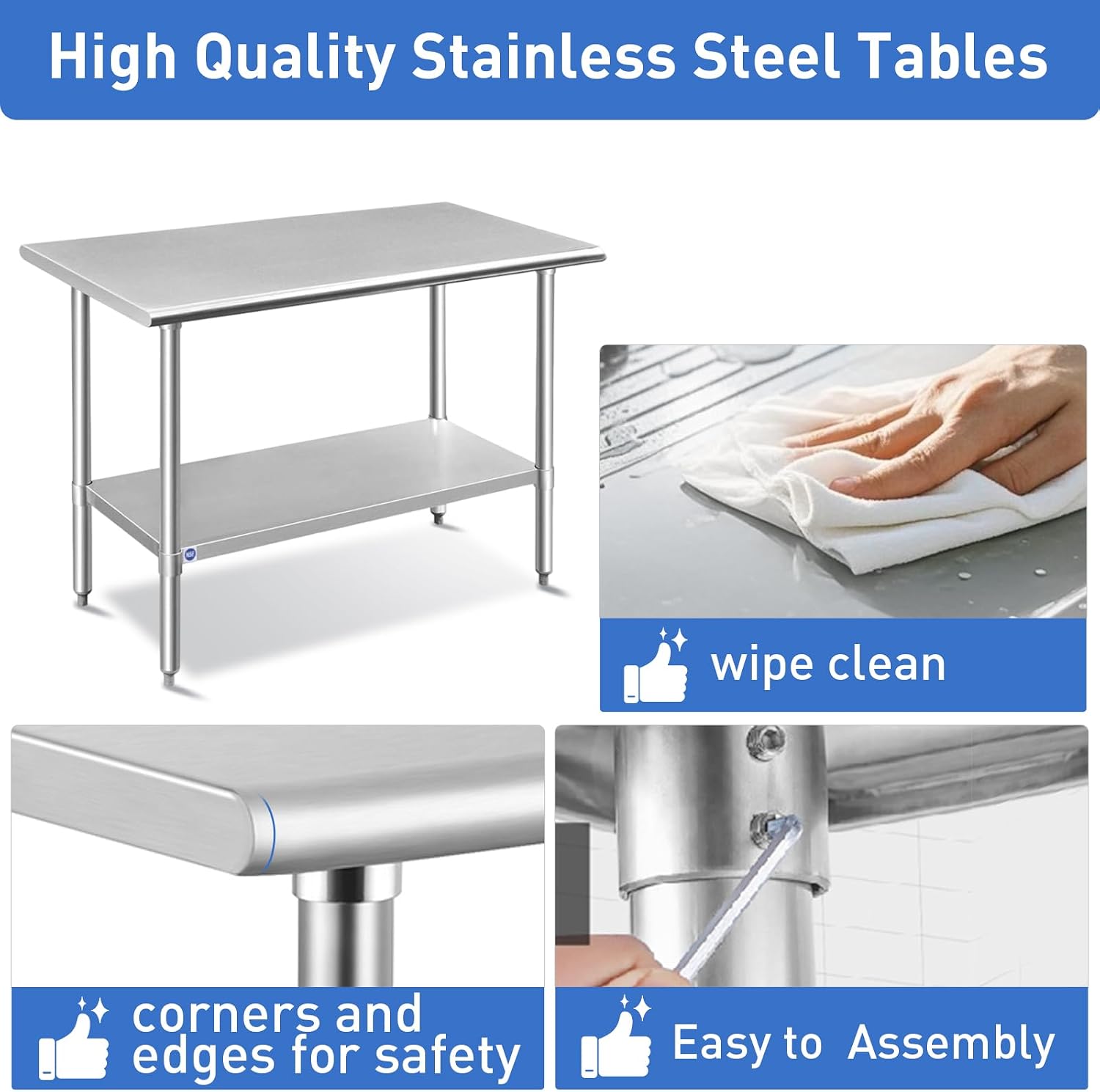 ROCKPOINT Stainless Steel Table for Prep & Work 30x48 Inches, NSF Metal Commercial Kitchen Heavy Duty Table with Adjustable Under Shelf and Table Foot for Restaurant, Home and Hotel