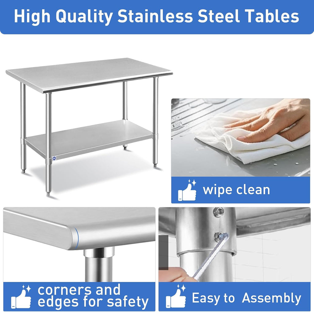 ROCKPOINT Stainless Steel Table for Prep & Work 30x30 Inches, NSF Metal Commercial Kitchen Heavy Duty Table with Adjustable Under Shelf and Table Foot for Restaurant, Home and Hotel