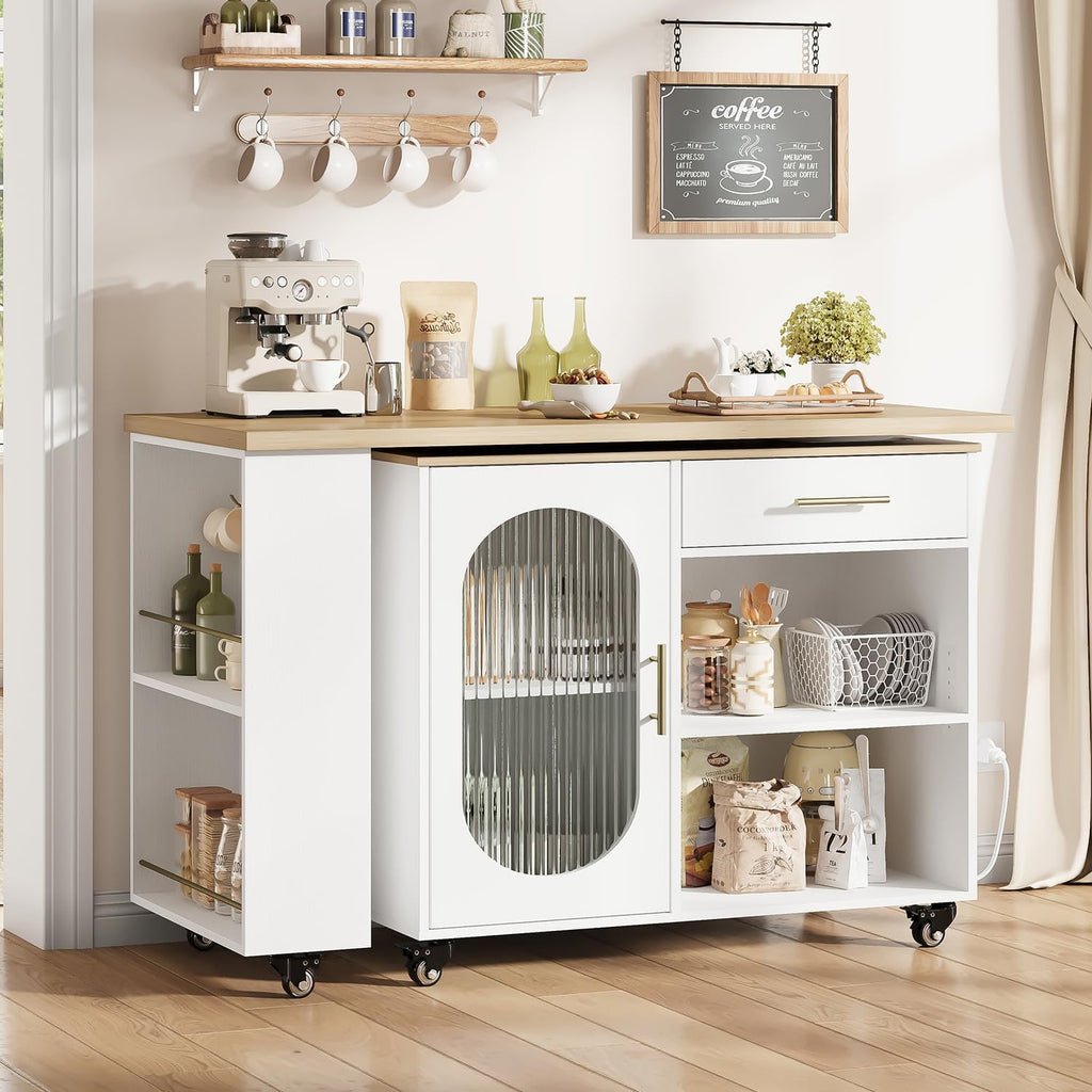 HSH Kitchen Island with 360° Swivel Table & Power Outlet, Rolling Kitchen Island Cart with Storage & Seating, Mobile Wood Kitchen Island Table with Cabinet, Drawers & Shelves on Wheels, Light Oak