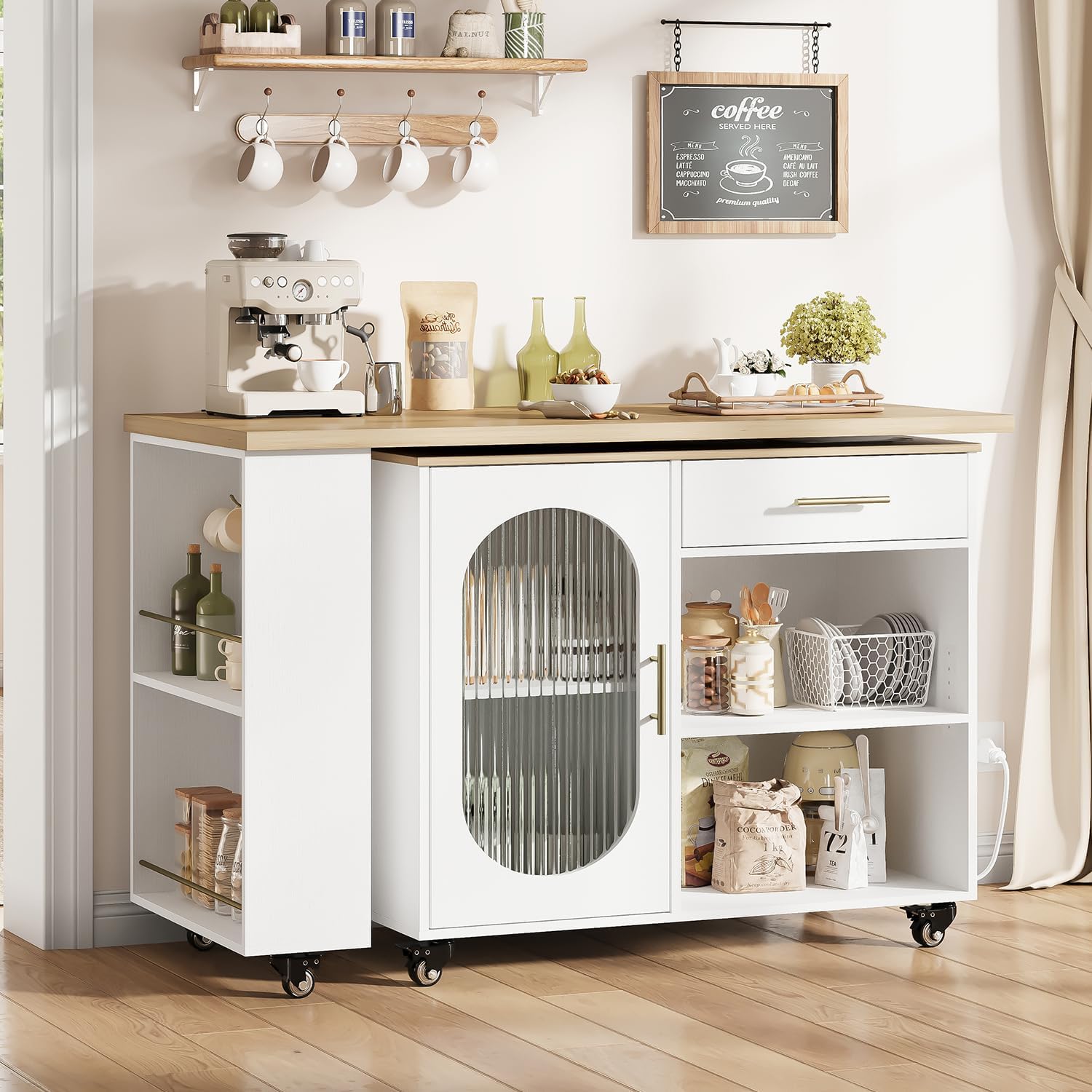 HSH Kitchen Island with 360° Swivel Table & Power Outlet, Rolling Kitchen Island Cart with Storage & Seating, Mobile Wood Kitchen Island Table with Cabinet, Drawers & Shelves on Wheels, Light Oak