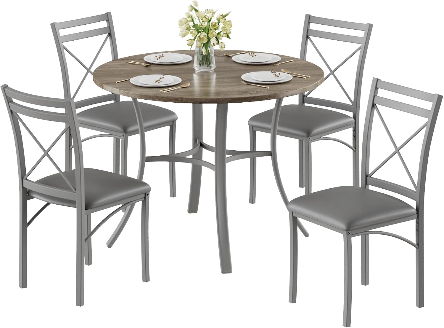 VECELO 5 Piece Dining Table Set for 4 with Chairs, Wood Grain Tabletop, Small Space, Kitchen, Breakfast Nook, Grey