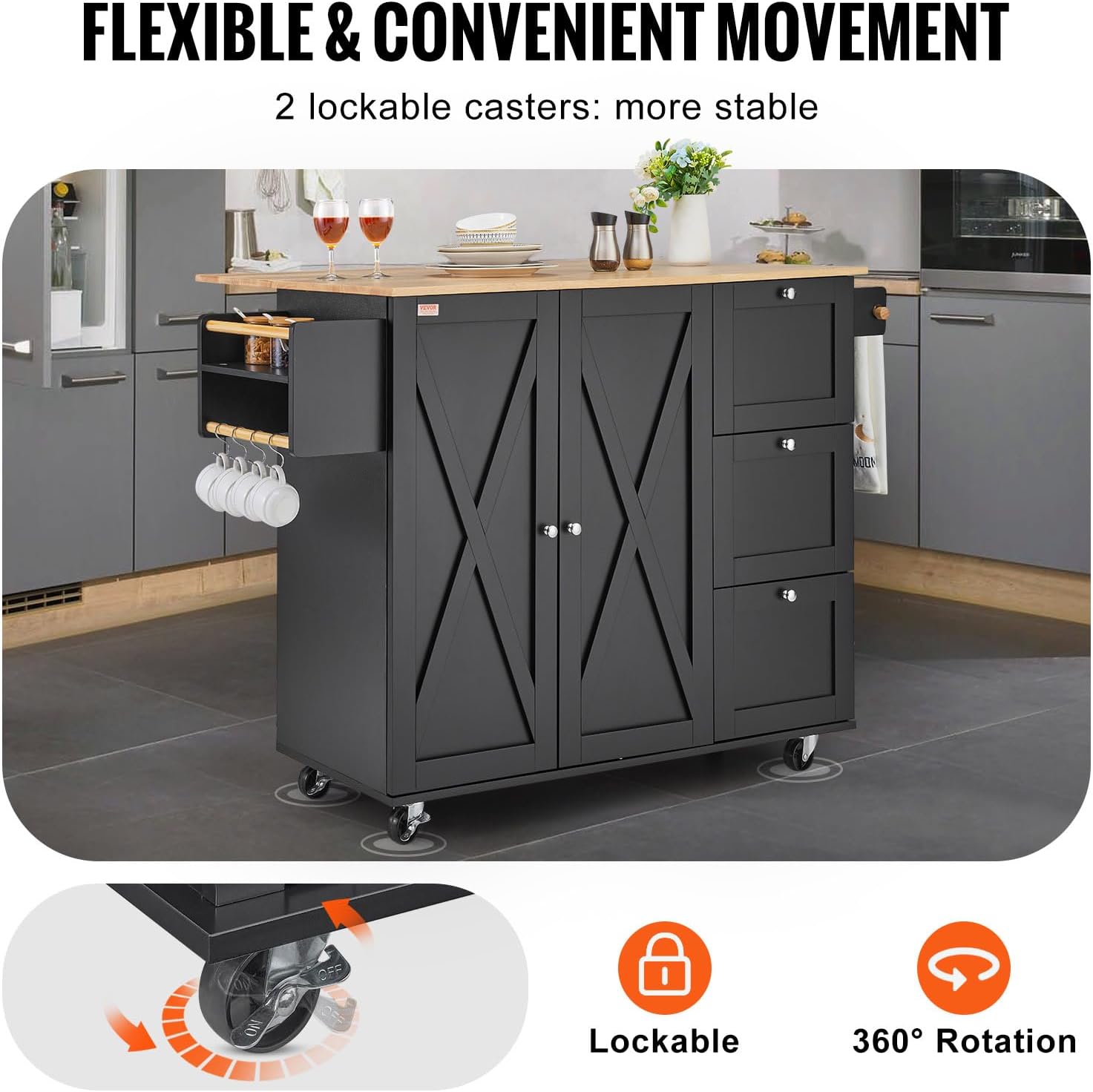 VEVOR Kitchen Island Cart, Rolling Table with Drop Leaf, Spice Rack, Towel Bar, Adjustable Shelf, Drawer, and Hooks, Mobile Island on Wheels, Mobile Carts with Storage Cabinet, 45.3' Wood Top, Black