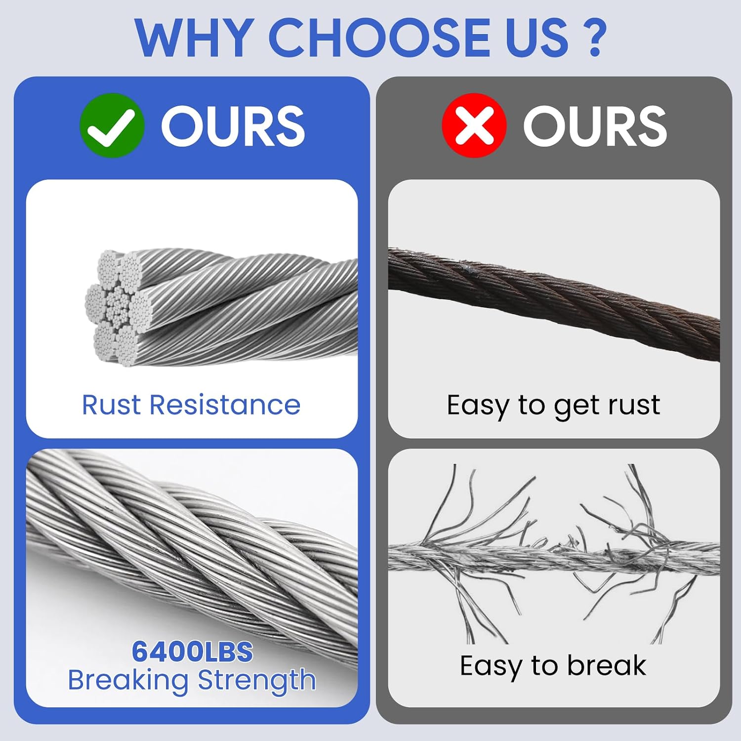 400ft Thickened 1/4' Stainless Steel Cable, 7x19 Strand Aircraft Wire Rope for Backyard Zipline, 6400lbs Breaking Strength, Zip Line for Heavy Duty Applications, Deck Railing, String Lights