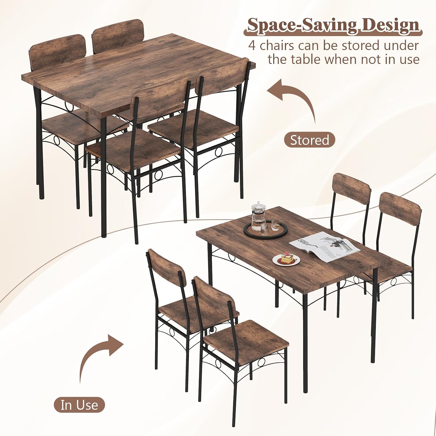 Giantex Dining Table Set for 4, Rectangle Kitchen Table and 4 Farmhouse Dining Chairs with Heavy-Duty Metal Frame, Wood Grain Surface,Space-Saving Dinette Set for Small Space, Home, Restaurant