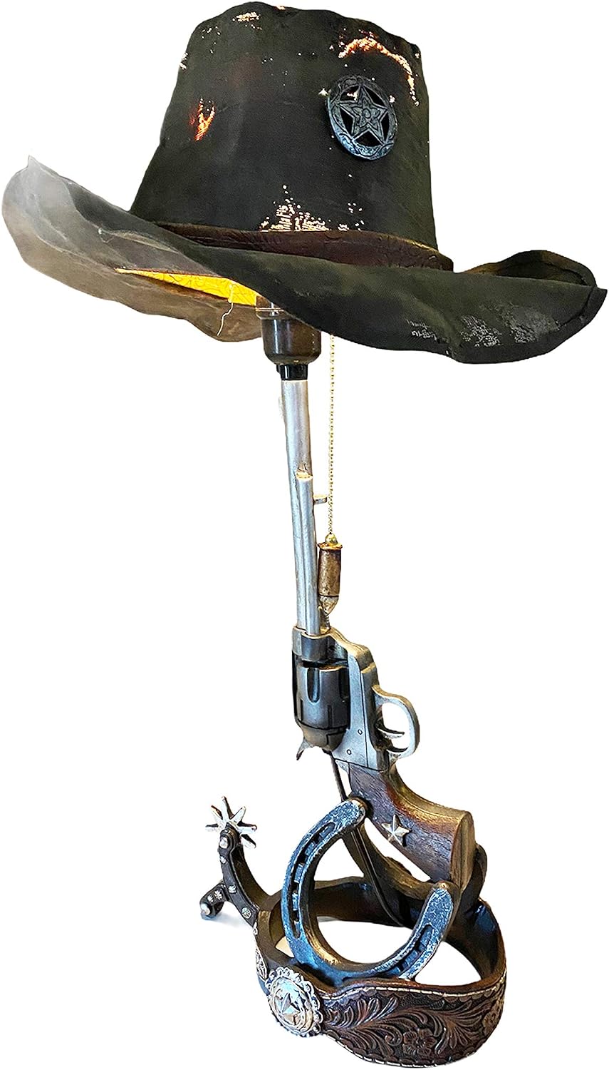 Urbalabs Large Pistol 24 Inch Six Shooter Western Cowboy Hat End Table Standing Table Lamp Farmhouse Nightstands Living Room End Tables Lamps for Bedrooms Office