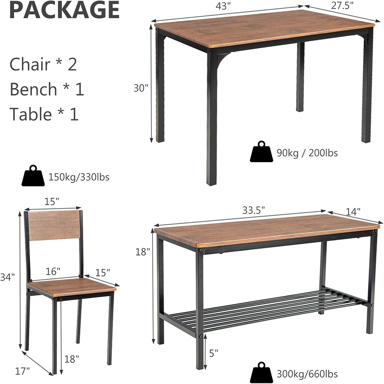 Giantex Dining Table Set for 4, 43' Kitchen Table and Chairs, Dining Bench with Metal Frame & Storage Rack, 4-Piece Modern Functional Desk Set for Dinette, Small Space, Apartment, Restaurant, Walnut