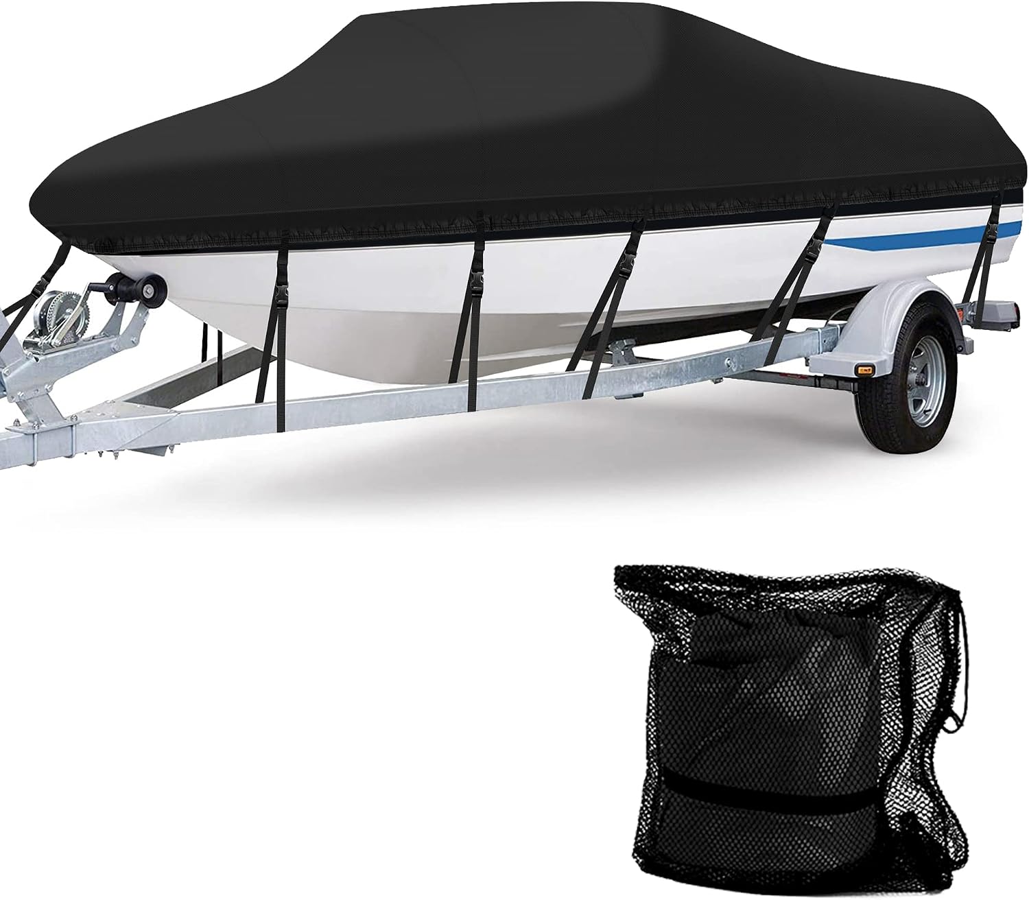 Angink 20ft-22ft Heavy Duty Boat Cover Waterproof 600D Trailerable Fabric, Fits Deck Boats, V-Hull Runabout & Wakeboard Boats (Beam Width up to 100'), Reinforced Straps - Black