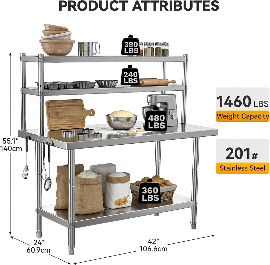 DWVO 42x24in Stainless Steel Table, NSF Metal Prep Worktable with Adjustable Overshelf for Kitchen Restaurant Hotel Garage Warehouse Home