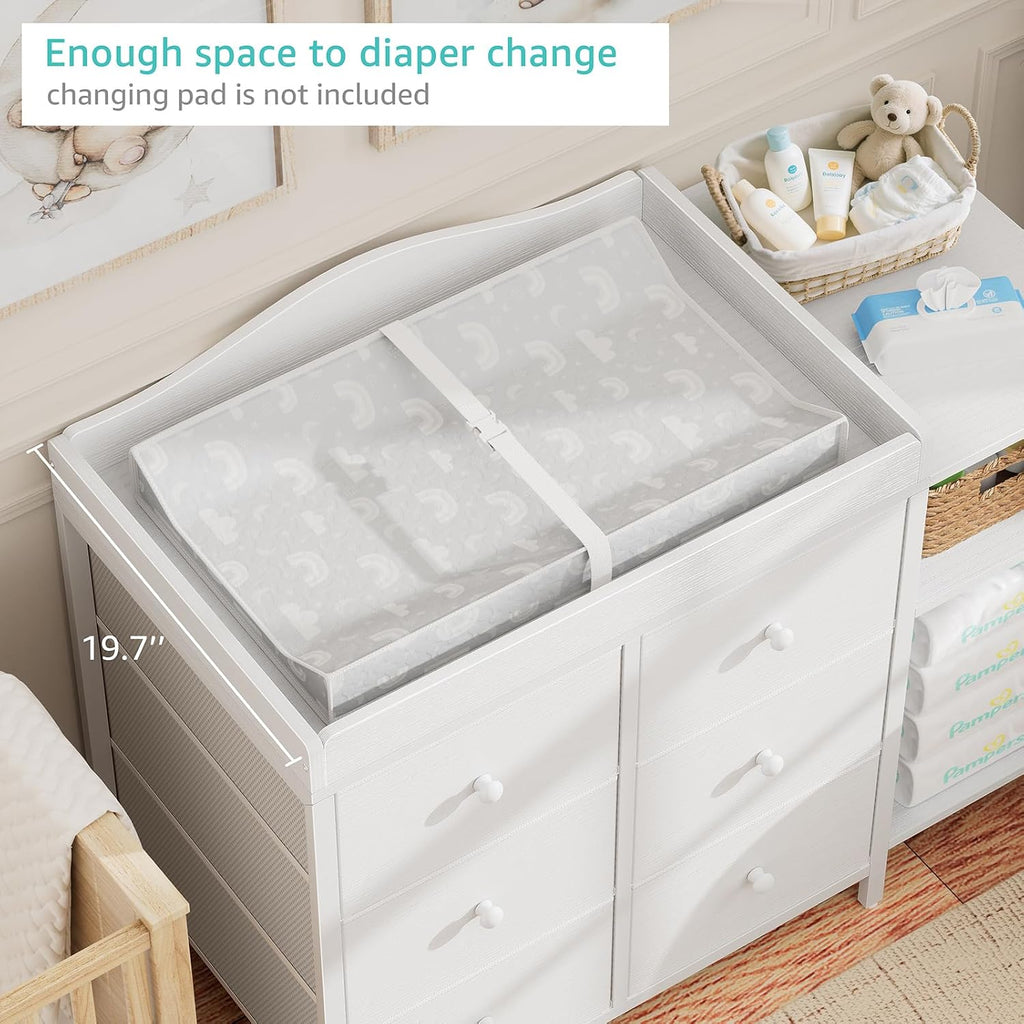 BOLUO Baby Dresser with Changing Table Top, White Changing Table Dresser with 6 Fabric Drawers Diaper Changing Station with Storage Shelf for Nursery Modern