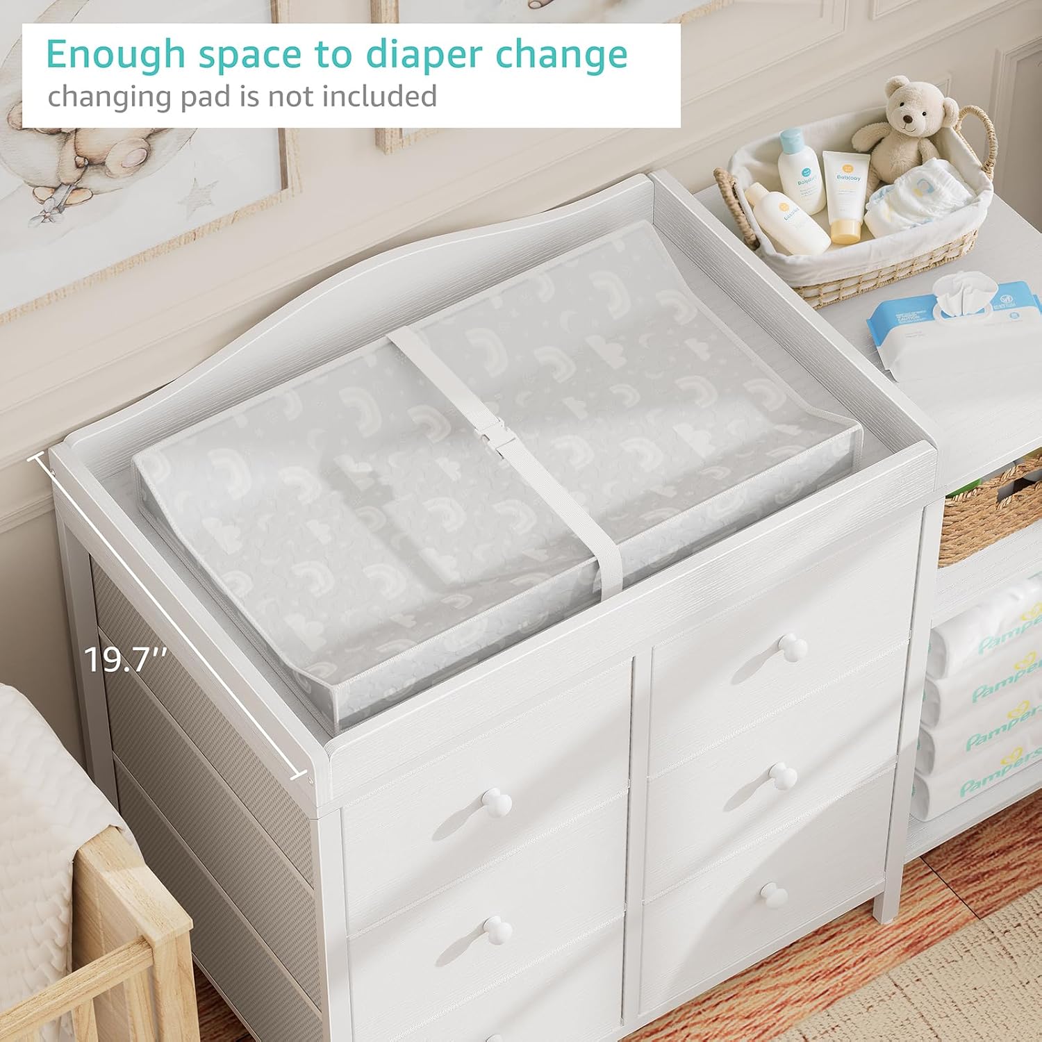 BOLUO Baby Dresser with Changing Table Top, White Changing Table Dresser with 6 Fabric Drawers Diaper Changing Station with Storage Shelf for Nursery Modern