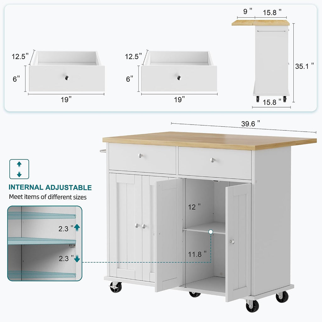 Shintenchi Kitchen Island with Drop Leaf, Rolling Kitchen Cart with Storage on Wheels, Table Bar Cart for Kitchen with Towel Rack & Seating Area for Dining Room, White