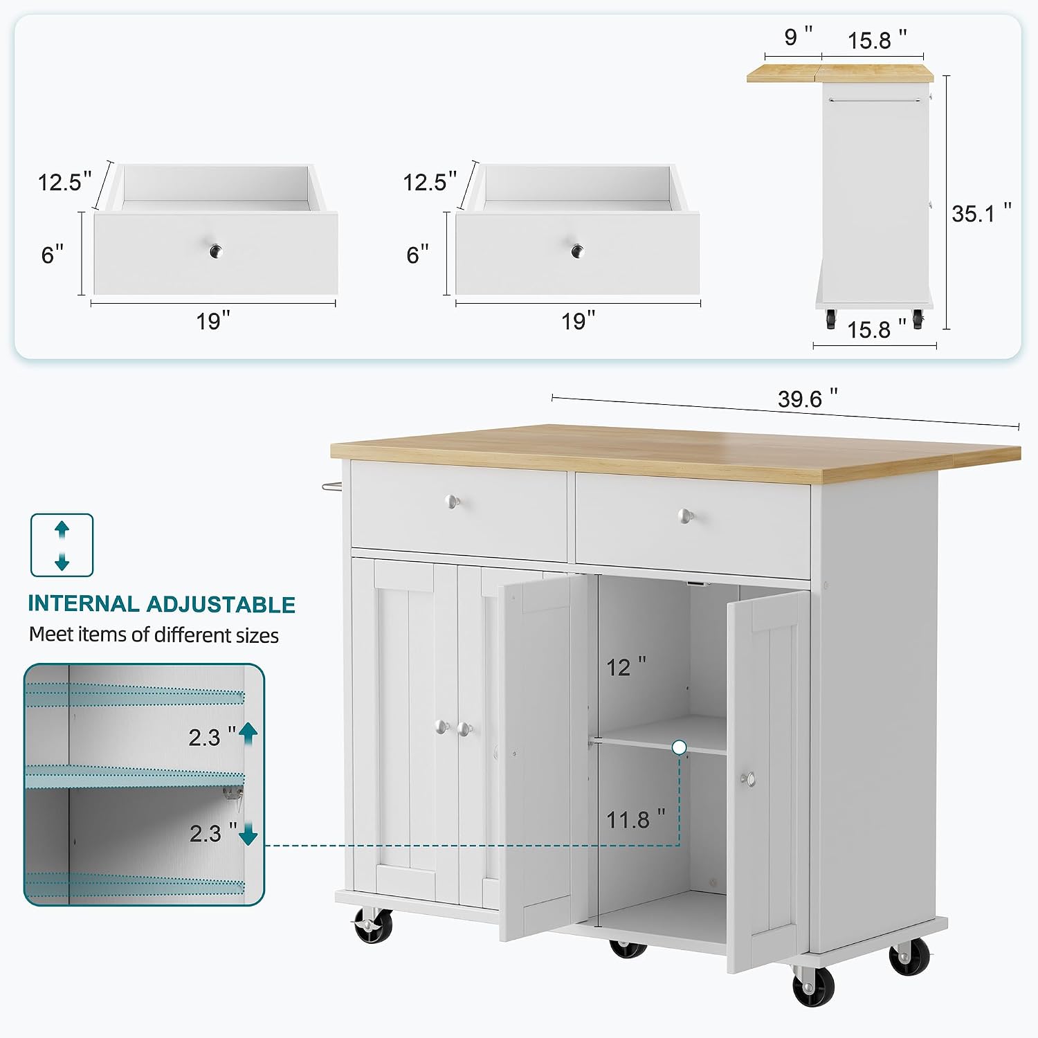 Shintenchi Kitchen Island with Drop Leaf, Rolling Kitchen Cart with Storage on Wheels, Table Bar Cart for Kitchen with Towel Rack & Seating Area for Dining Room, White