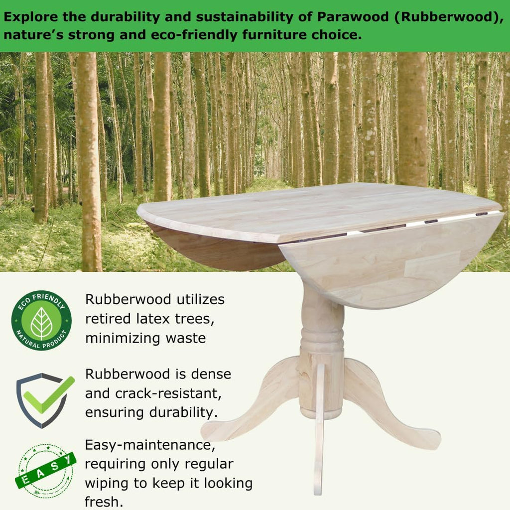 IC International Concepts, Round Dual Drop Leaf Pedestal Dining Table, Solid Real Wood, Sturdy Parawood, Dimensions 42'D x 42'W x 29.5'H, 40lbs Capacity, Paint/Stain Ready, Unfinished