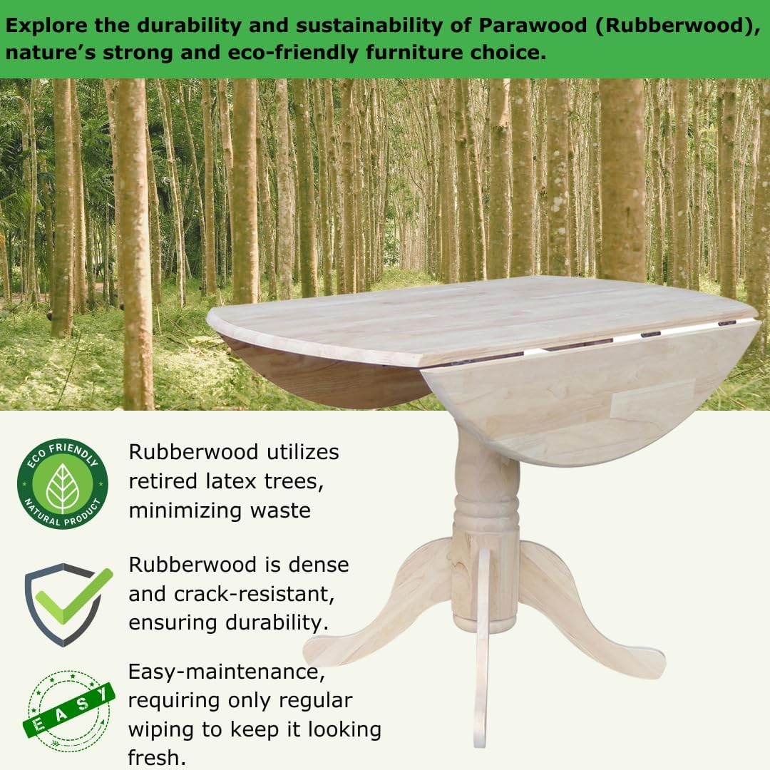 IC International Concepts, Round Dual Drop Leaf Pedestal Dining Table, Solid Real Wood, Sturdy Parawood, Dimensions 42'D x 42'W x 29.5'H, 40lbs Capacity, Paint/Stain Ready, Unfinished
