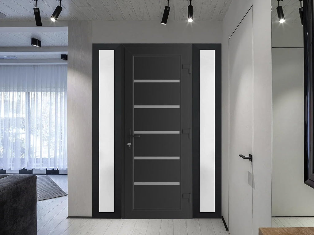 VDOMDOORS Front Exterior Prehung Metal-Plastic Door | Manux 8415 Matte Black | 2 Side Sidelite Transoms | Residential Doors Entrance Patio Garage 54 x 80 (W12+30+12 x H80) Right-Inswing