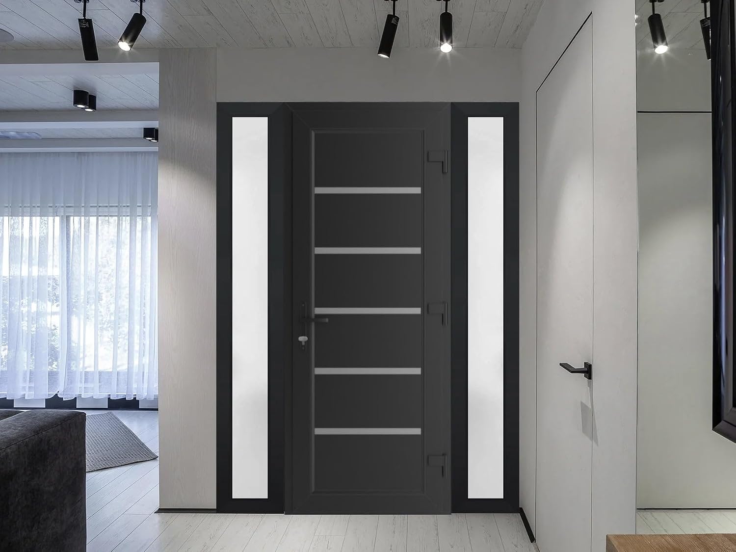 VDOMDOORS Front Exterior Prehung Metal-Plastic Door | Manux 8415 Matte Black | 2 Side Sidelite Transoms | Residential Doors Entrance Patio Garage 54 x 80 (W12+30+12 x H80) Right-Inswing