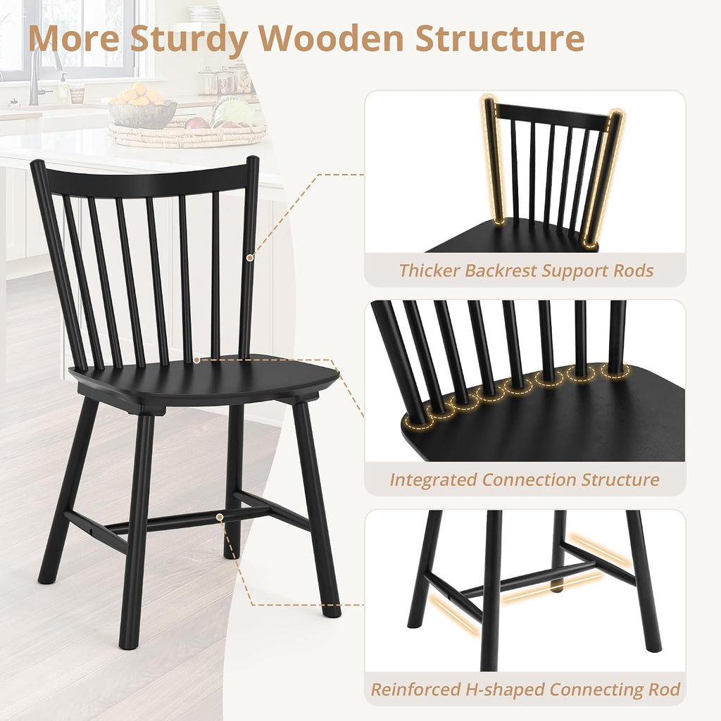 LUE BONA Upgraded Dining Chairs Set of 2, Farmhouse Wooden Spindle Back Kitchen Chairs, Windsor Dining Chairs for Kitchen and Dining Room, Black