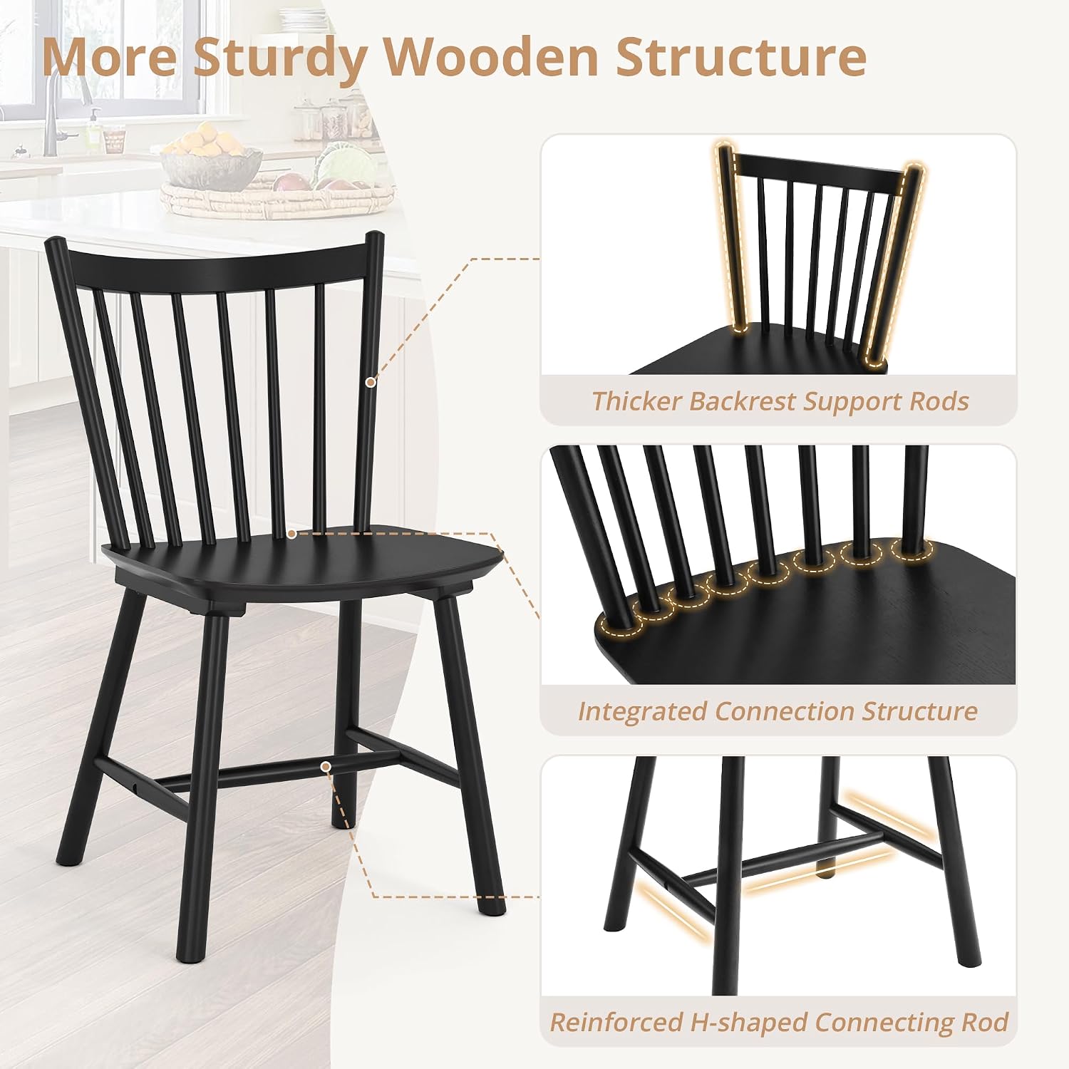 LUE BONA Upgraded Dining Chairs Set of 2, Farmhouse Wooden Spindle Back Kitchen Chairs, Windsor Dining Chairs for Kitchen and Dining Room, Black