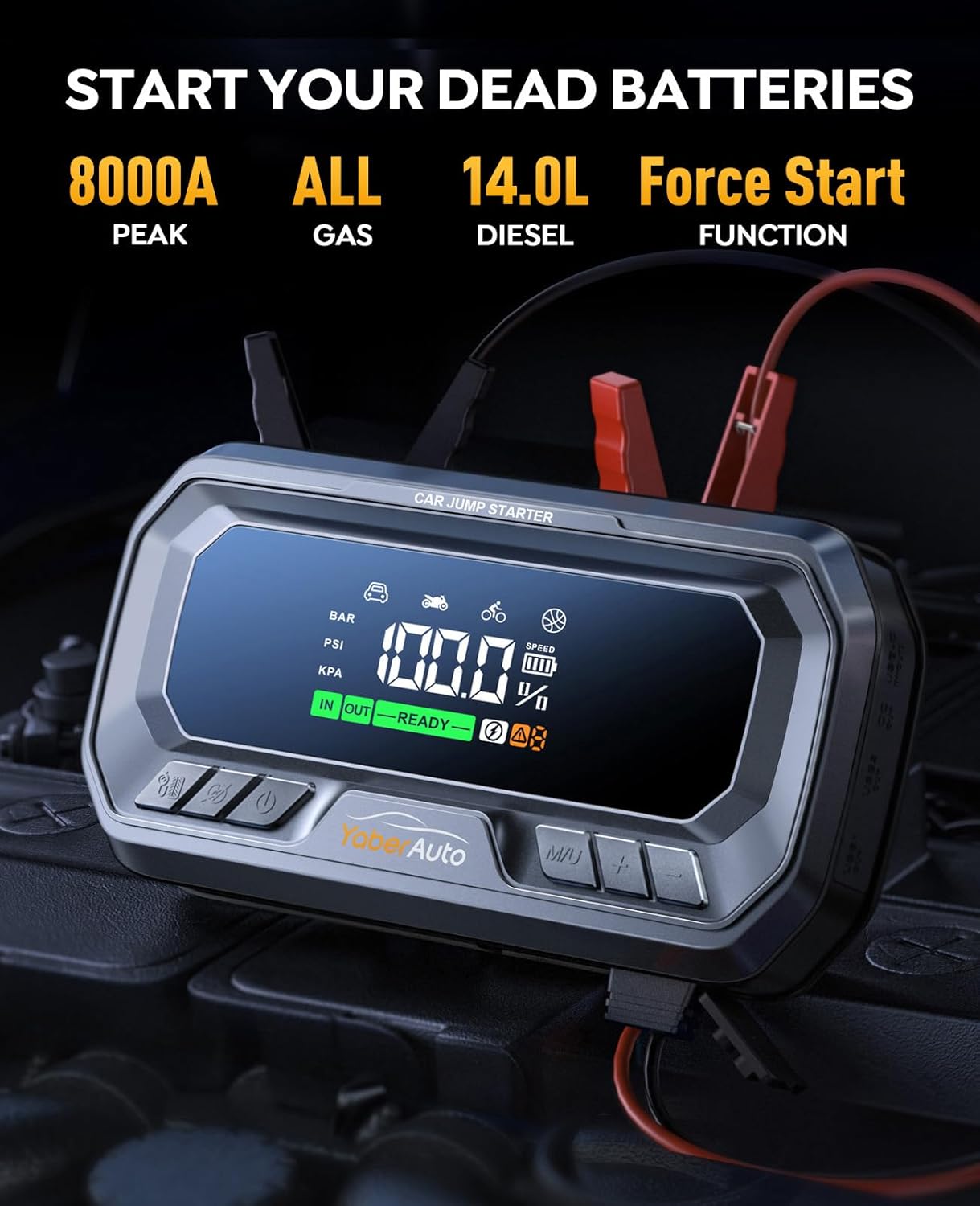 YaberAuto 12-in-1 Jump Starter with Air Compressor 8000A 160PSI 65W Charging, Portable Car Battery Jump Starter (All Gas/14L Diesel) Jump Box Car Battery Jumper Starter Portable Jumper Cables, 160W DC