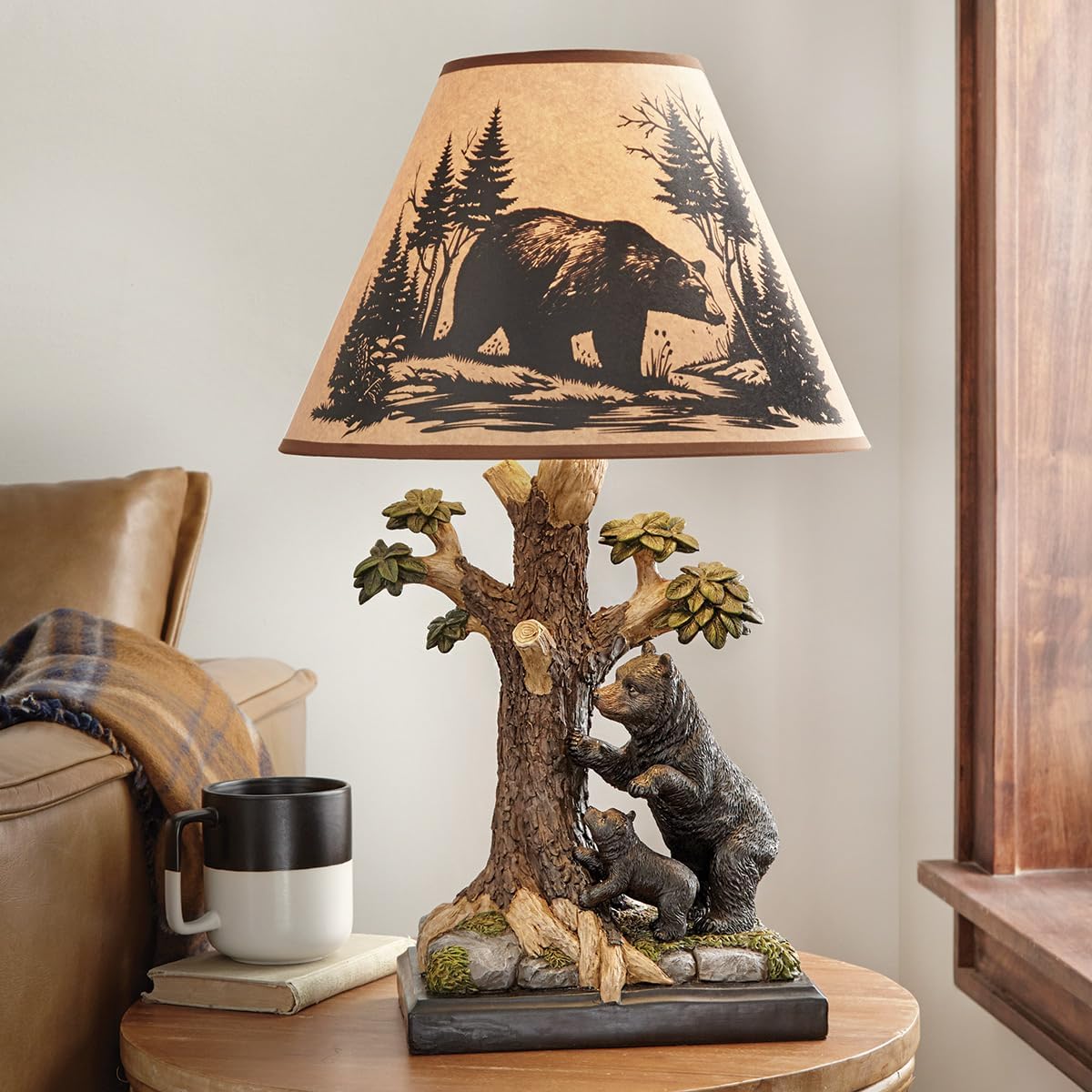 BLACK FOREST DECOR Woodland Bear Scene Lamp – Rustic Table Lamp with Bear Base and Forest Shade, 14' Dia. x 23' H