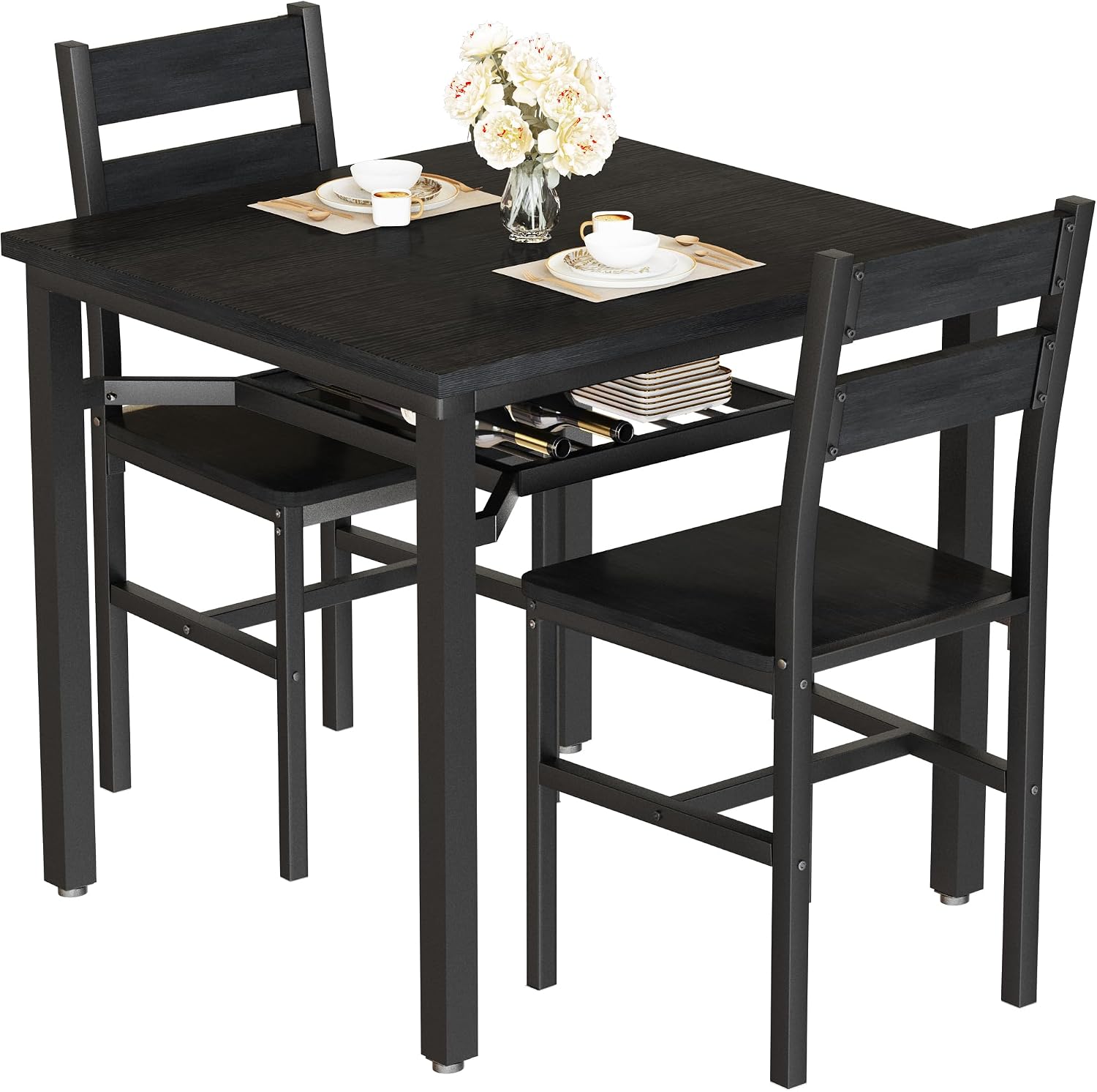 Hooseng 3 Piece Dining Table Set for 2, Small Wooden Kitchen Table with Storage, Farmhouse Square Dinette Set for Dining Room, Breakfast Nook, Apartment, Small Space