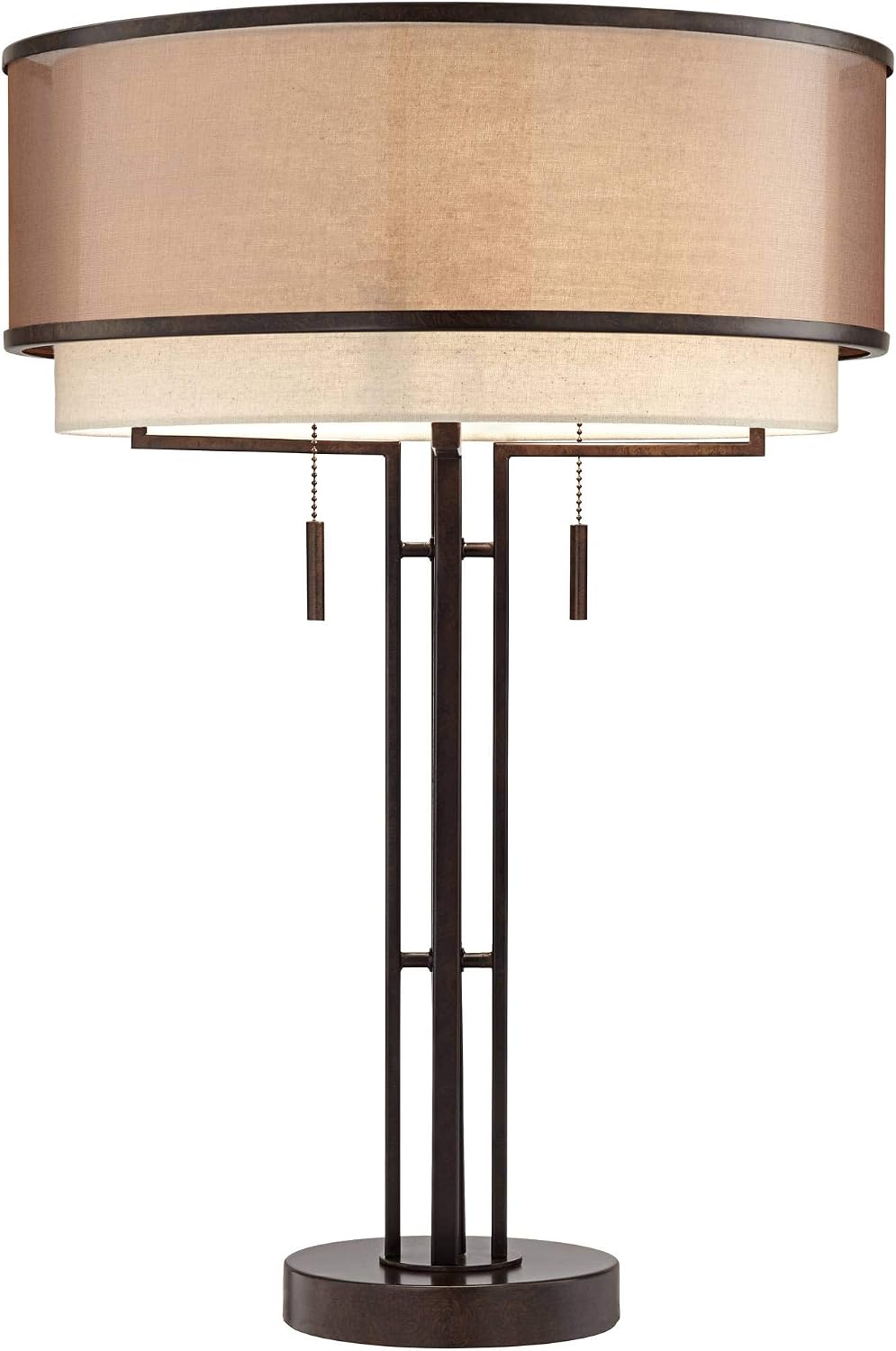 Franklin Iron Works Andes Rustic Farmhouse Industrial 3-Way Table Lamp with Table Top Dimmer 27.5' Tall Oil Rubbed Bronze Metal Stacked Double Drum Shade for Living Room Bedroom House