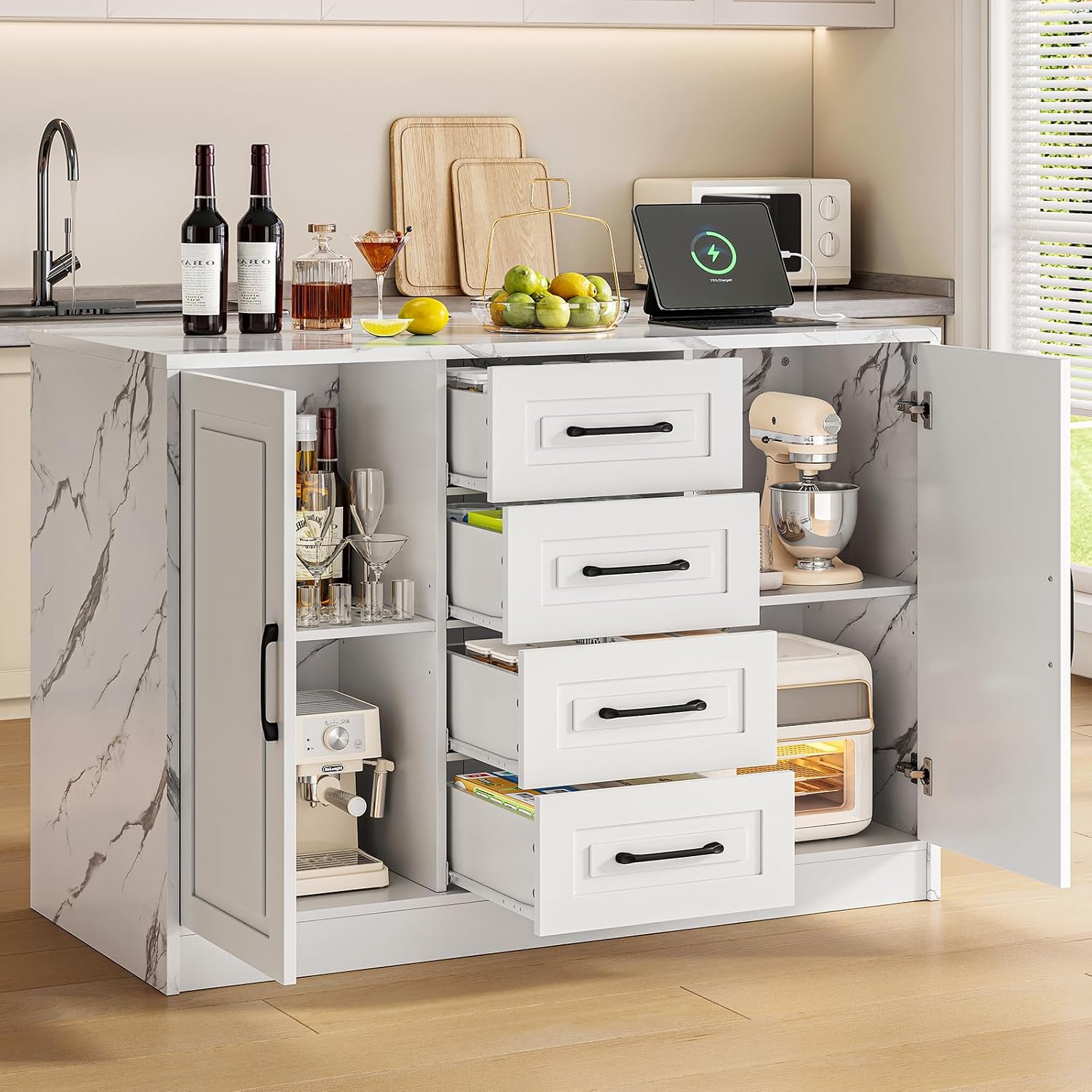 ONBRILL 47.3' Kitchen Island with 2 Storage Cabinets & 4 Drawers, Modern Imitation Marble Dining Table with Power Outlet, Island Bar Table for Kitchen, Dining Room, Living Room, White