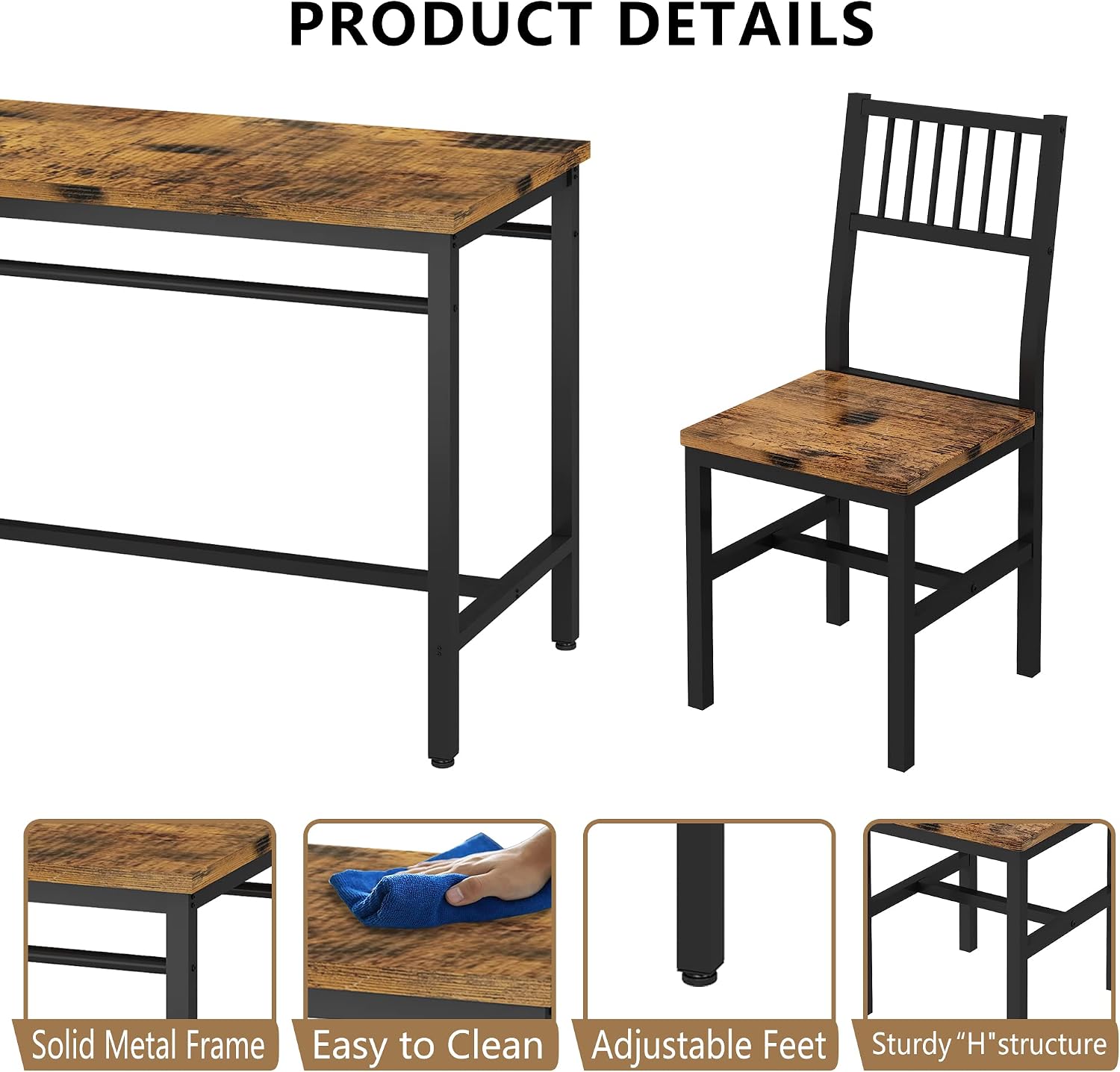 AWQM 47.2 Inch Dining Table Set for 4,Industrial Table with 4 Curved Chairs Set,5-Piece Rectangular Kitchen Table Set for Dining Room,Breakfast Nook,Small Space