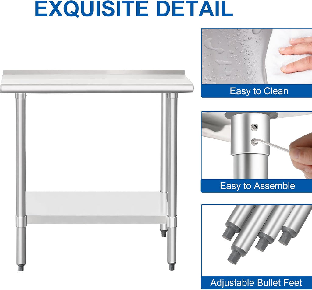 HARDURA Stainless Steel Commercial Work Table Prep Work Metal Table 14×30 Inches with Undershelf and 2' Backsplash Heavy Duty NSF 430 for Kitchen Food Prep