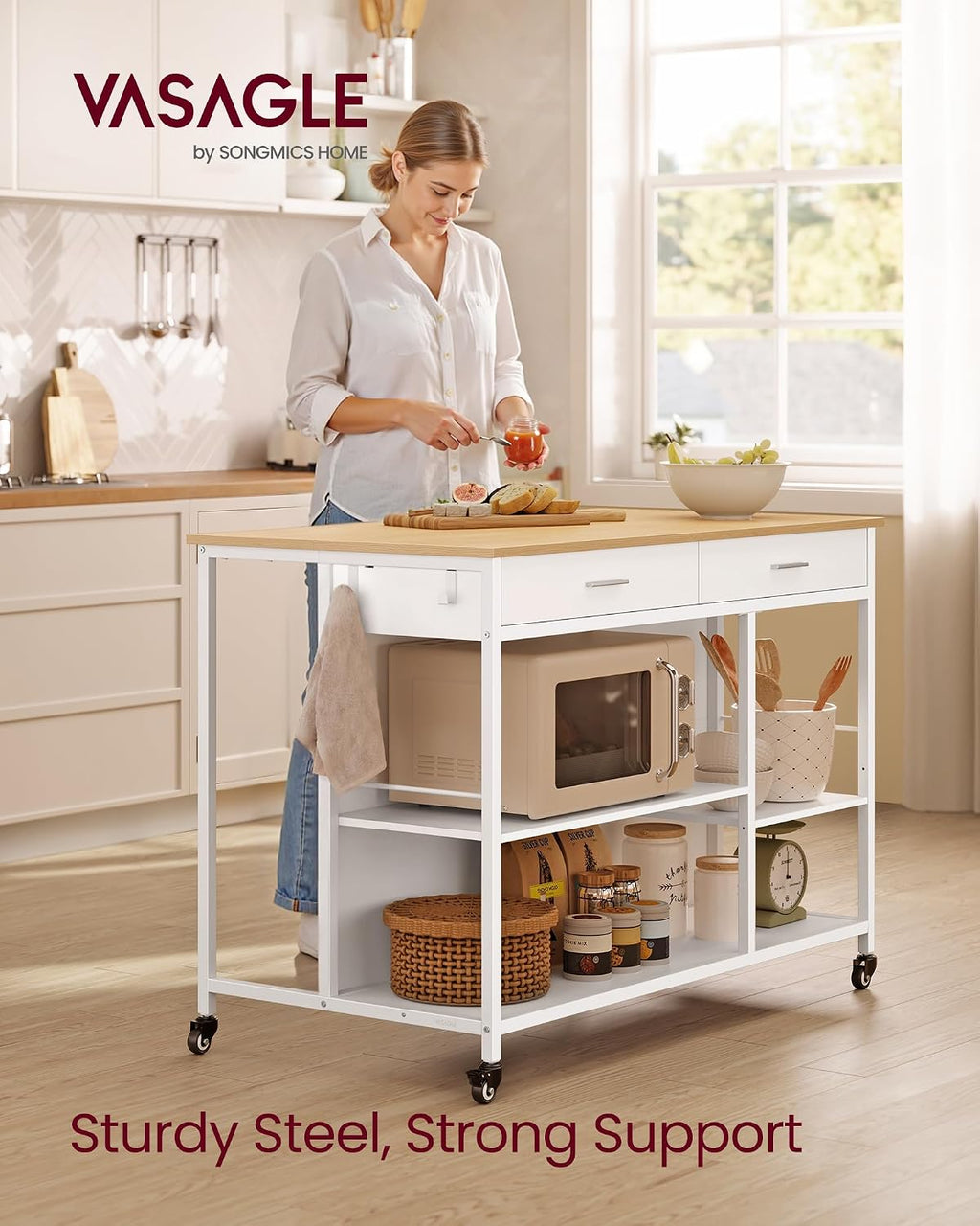 VASAGLE Kitchen Rolling Island, Mobile Kitchen Cart with Storage on Wheels, 27.6 x 43.3 x 35.4 Inches, 2 Drawers, 2 Hooks, for Dining Room, Oak Beige and Matte White UKKI011Y01