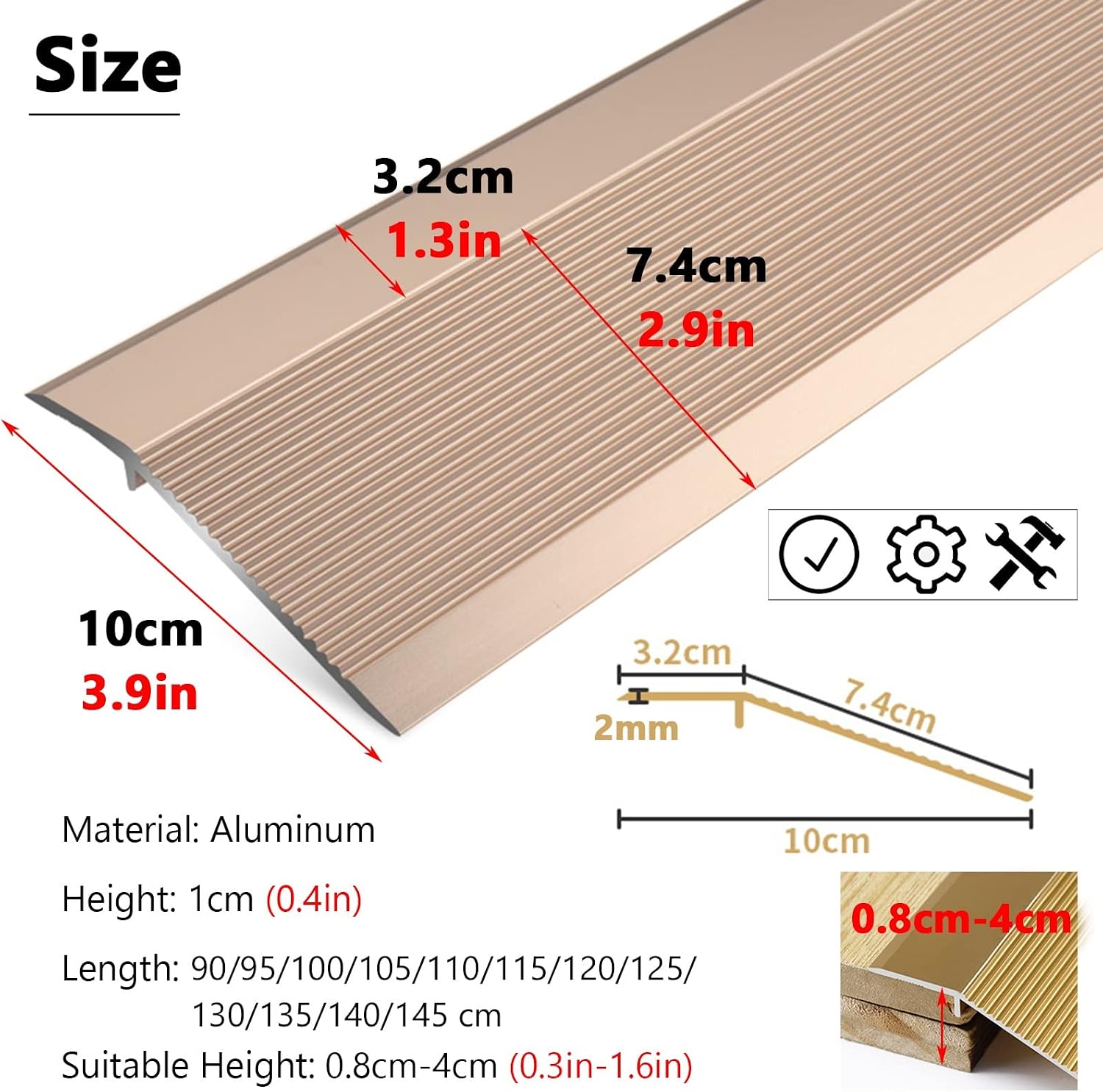 Floor Strips Between Rooms, 4inch 10cm Extra Wide Threshold Transition Ramps for Doorways, Self Adhesive Reducer/Edge Trim for Vinyl Wood Uneven Flooring, Metal (B W 10CM)
