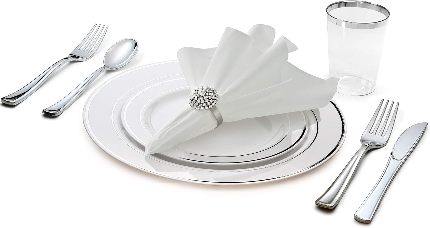 ' OCCASIONS ' 1080 pcs/120 Guest-Full Tableware SetWedding Disposable Plastic Plates Silverware, Silver Rim Tumblers & Linen Feel Napkins/Metal Napkin Rings(Combo D, White & Silver Rim)