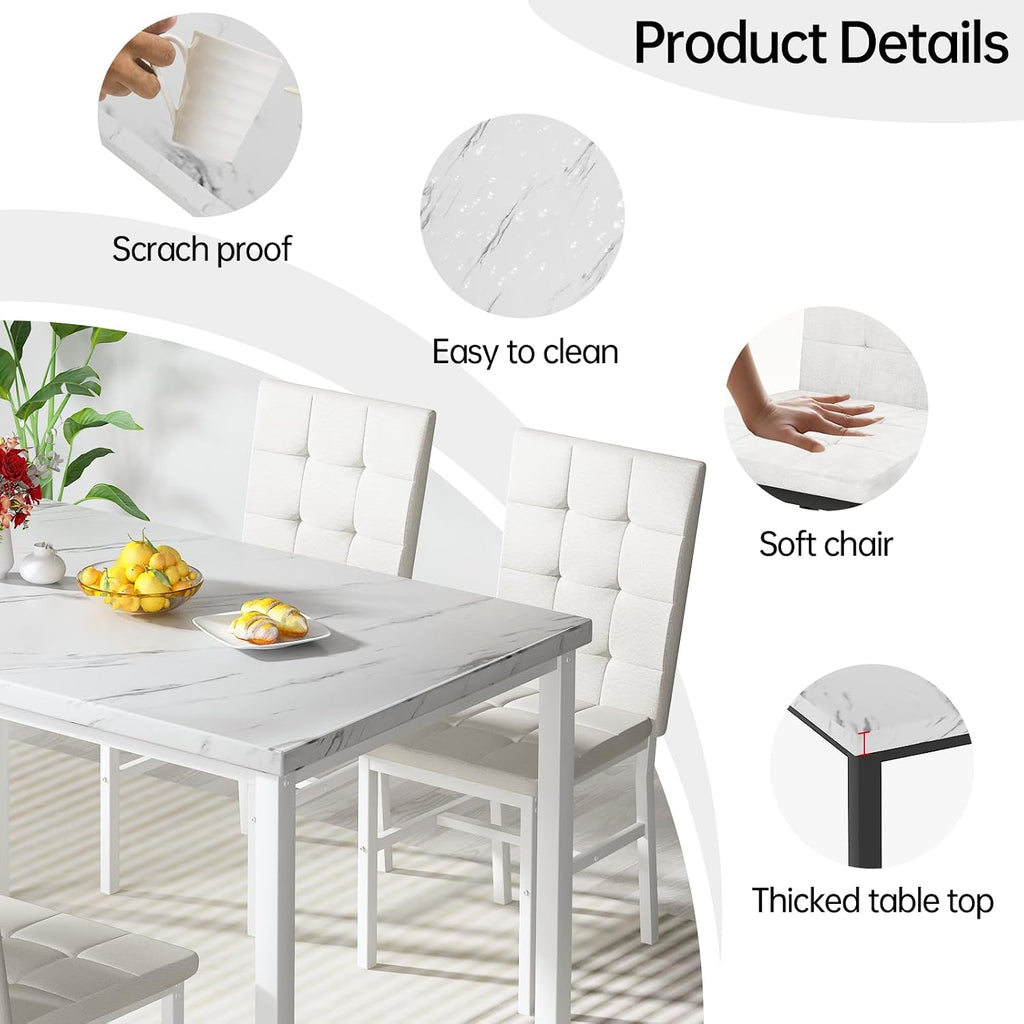 Hooseng Dining Room Table Set 5 Piece Dining Table Set Marble Dining Table 4 Chair Dining Table Set for Kitchen Living Room Breakfast Small Spaces (White)
