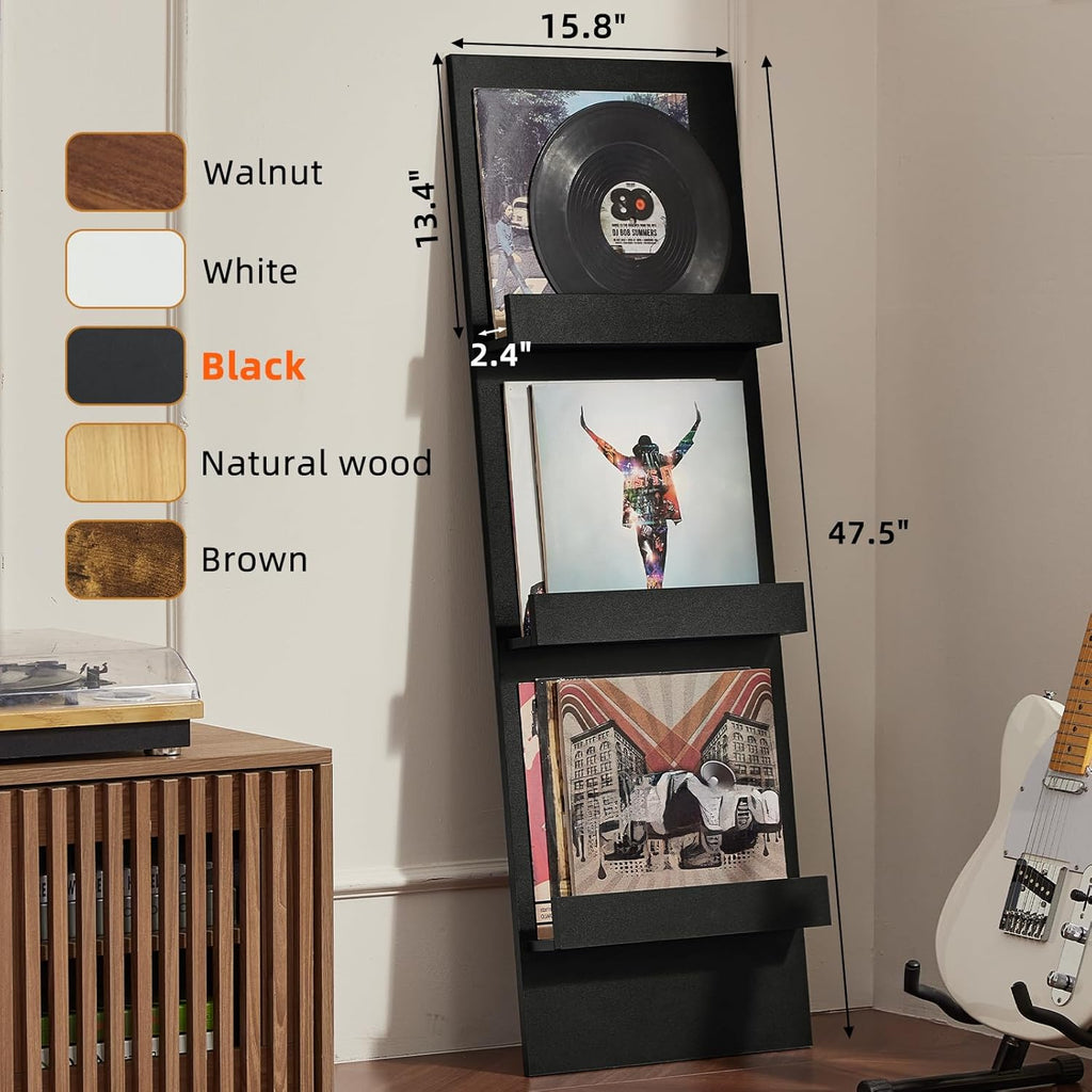 LELELINKY Wall Mount Vinyl Record Holder Set of 2 with 3 Tier Display Area, 47.5'' Tall Record Storage Magazine Holder, Book Shelf Holder Holds Up to 15 Vinyls Albums/CD for, Living Room, Music Room