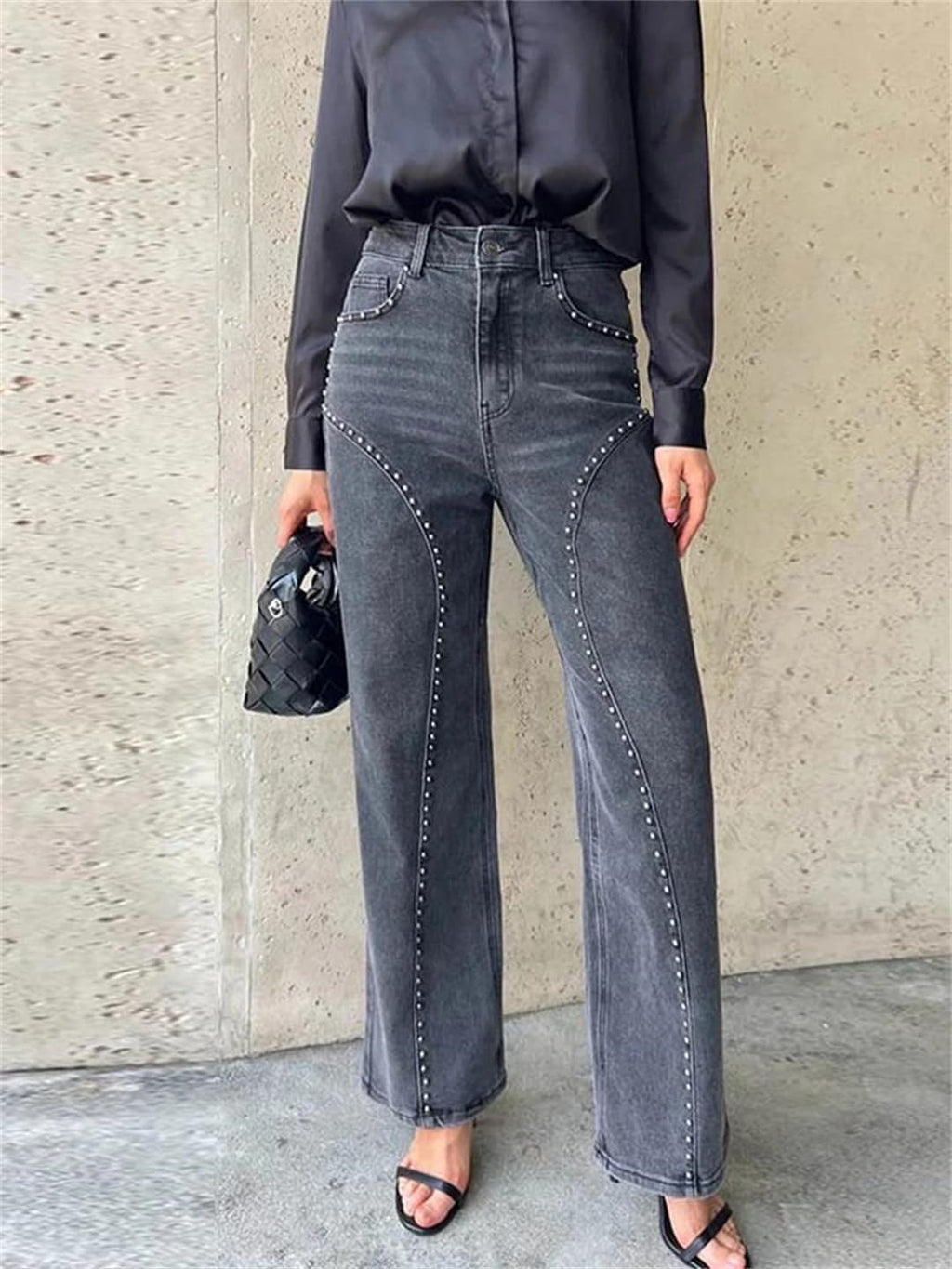 Women Studded Denim Straight Pants High Waist Hip Package Metal Rivets Design Trousers Club Wear Style