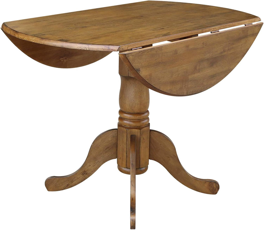 42' Round Dual Drop Leaf Pedestal Dining Table Solid Wood, Easy Assembly, Sturdy Parawood, Kitchen/Dining Room, 29.5'H x 42'W x 42'D, 20mm Thickness Top, Includes Two 9' Drop Leaves