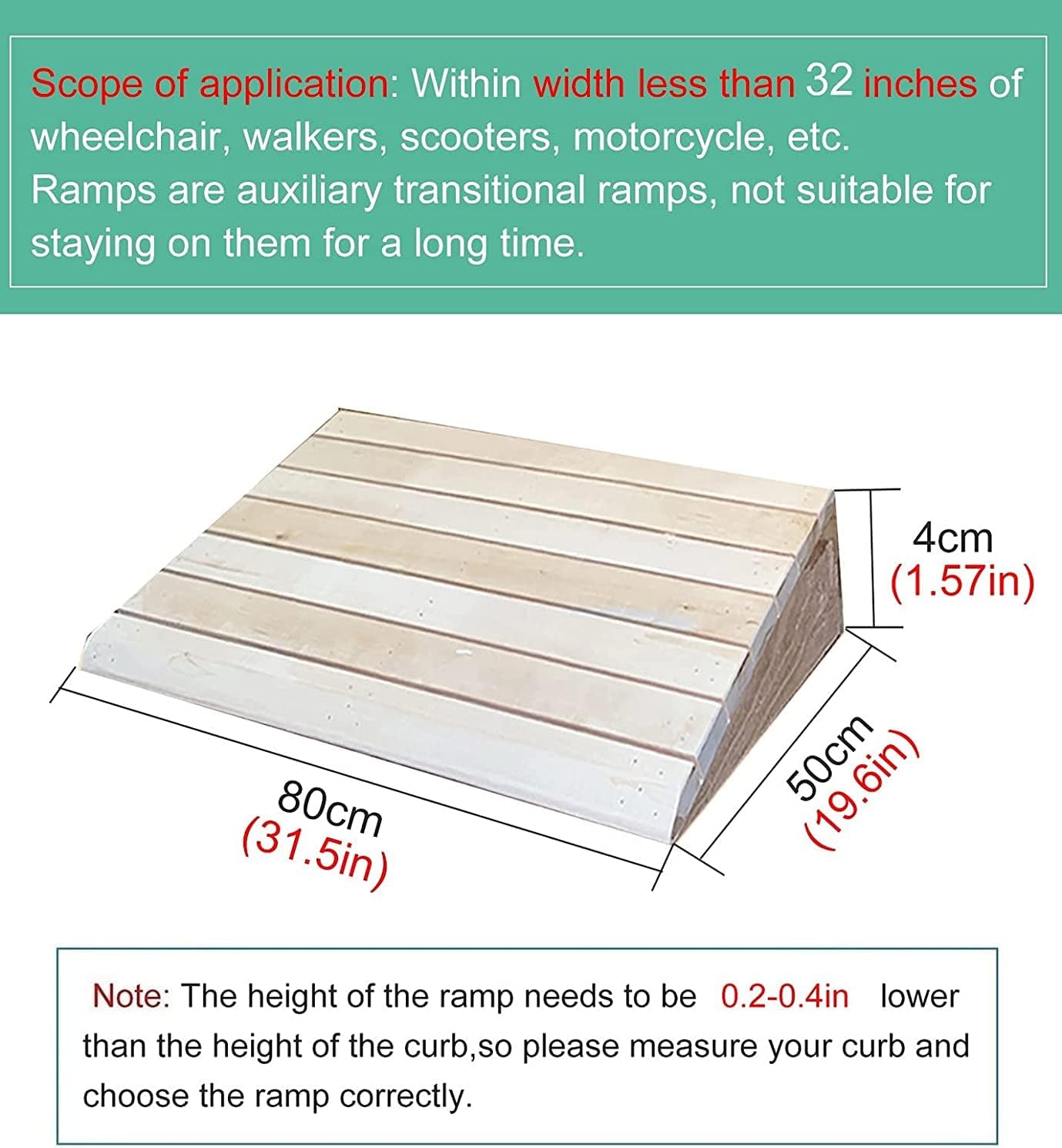 Entry Ramps for Wheelchairs for Home Stairs Garden Deck, Wooden Doorways Threshold Ramps, 10/12/14/15/16/18/20cm High, Scooters Bikes Cars(31.5x19.6x1.5in)