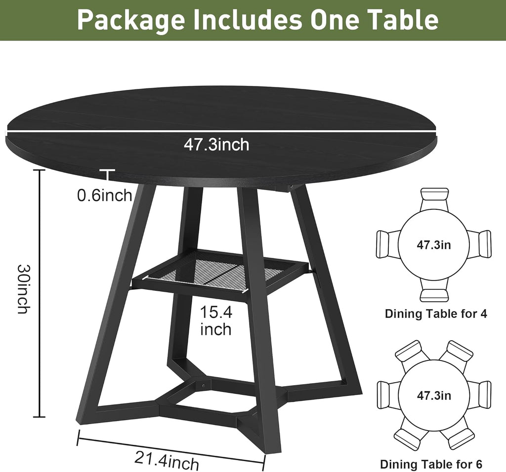 knoworld Round Dining Table for 4-6 with Storage Shelf, Kitchen & Dining Room Circle Pedestal Table, Heavy Duty Metal Frame & Wood Top
