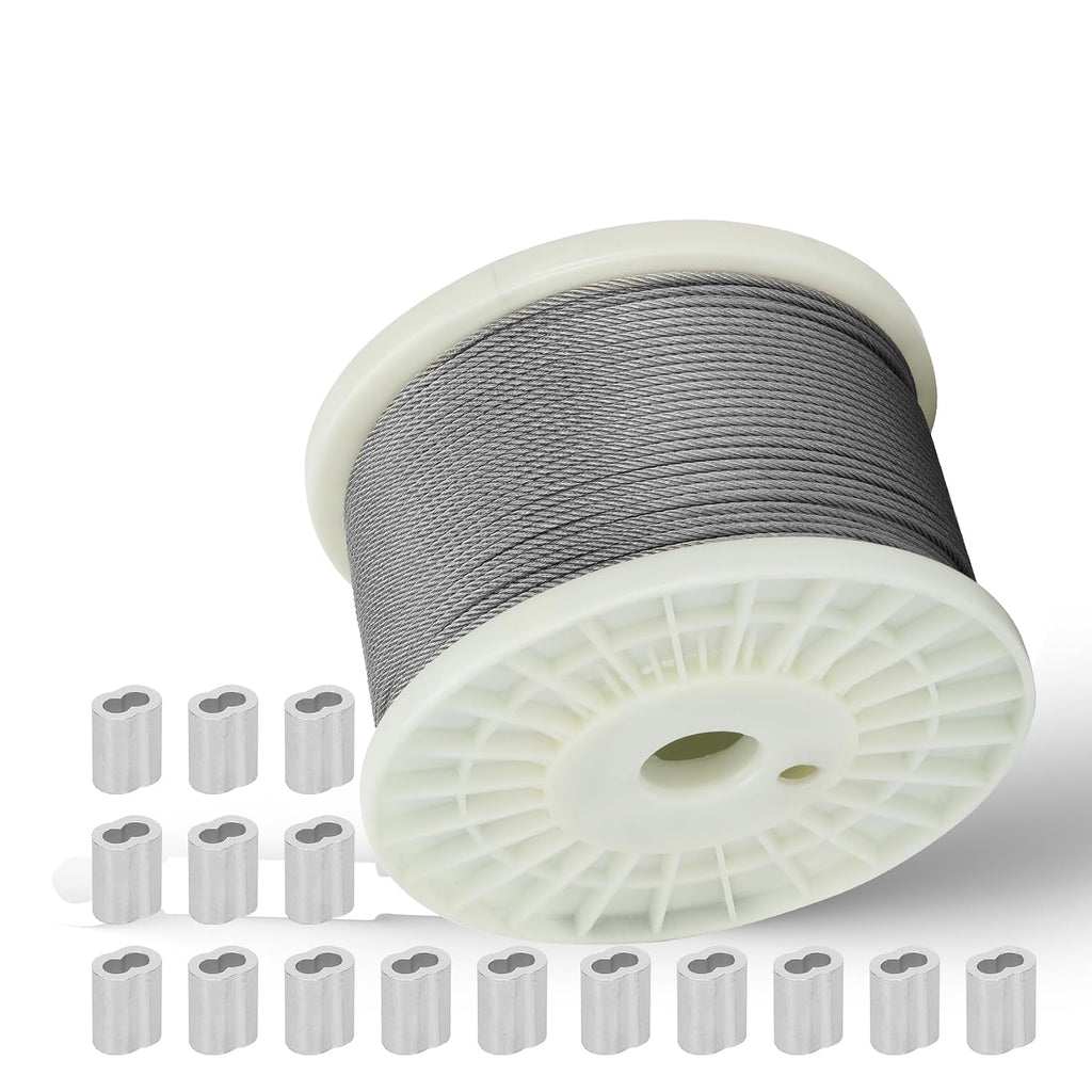 3/32 in Stainless Steel Cable Wire Rope 1000ft, 7x7 Strands Stainless Steel Aircraft Cable, for Deck Railing, String Light Hanging, Marine Rigging, Garden Wire with 300 M2.5 Crimping Loops