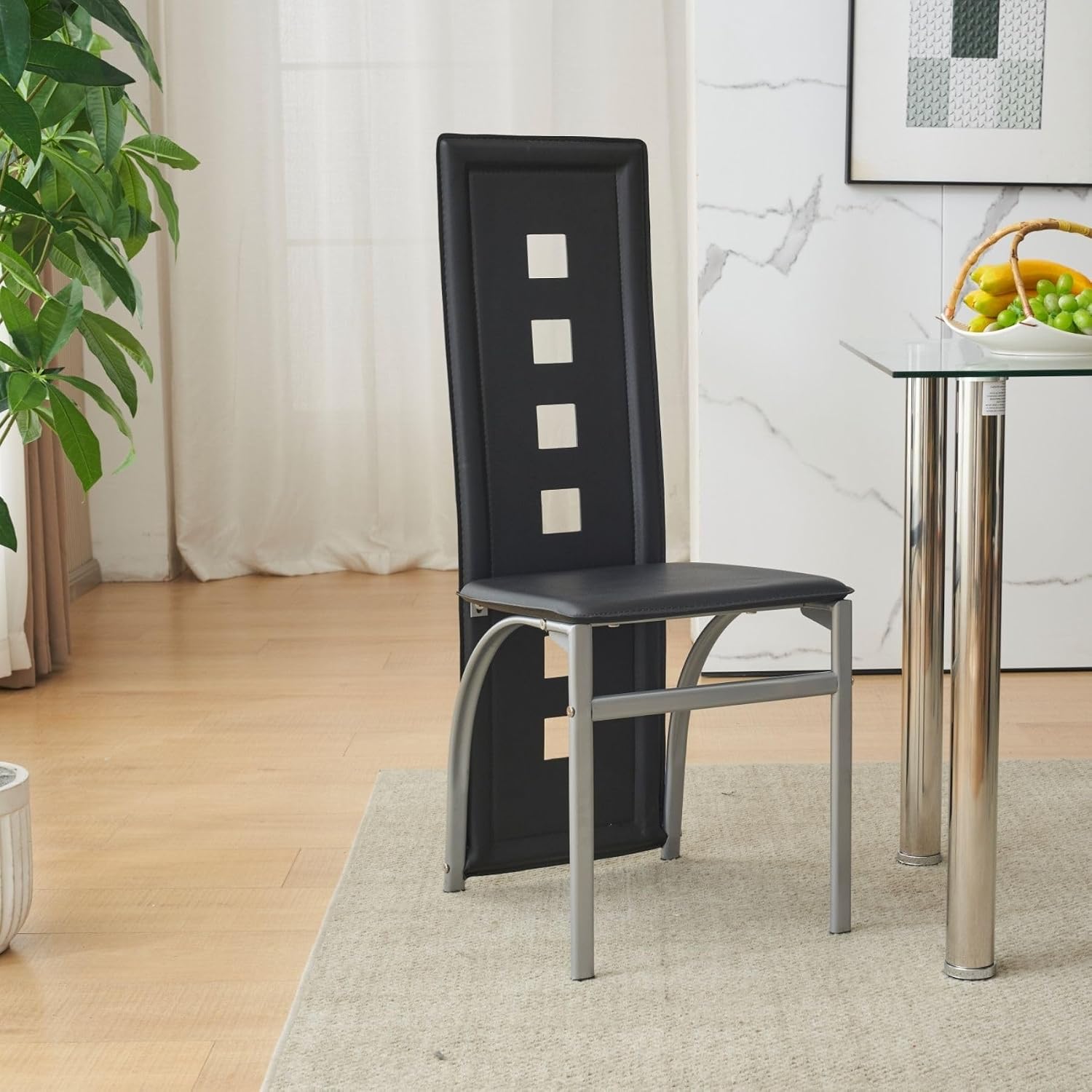 Karl home Modern Hollow Dining Chair Set of 4, Black Dining Chairs with PVC Backrest & Leather Cushion, Dining Chair for Kitchen & Dining Room, 300lbs Weight Capacity