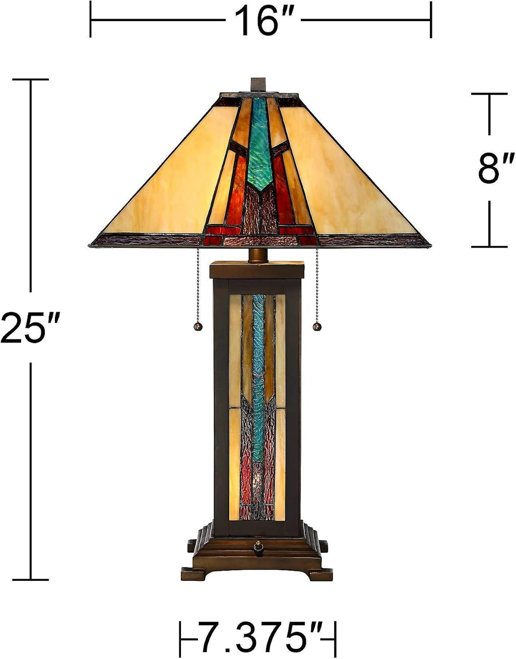 Robert Louis Tiffany Ranier Mission Tiffany Style Table Lamp with Nightlight 25' High Bronze Brown Antique Stained Art Glass for Cottage Core Living Room Bedroom House Bedside Nightstand Home Family