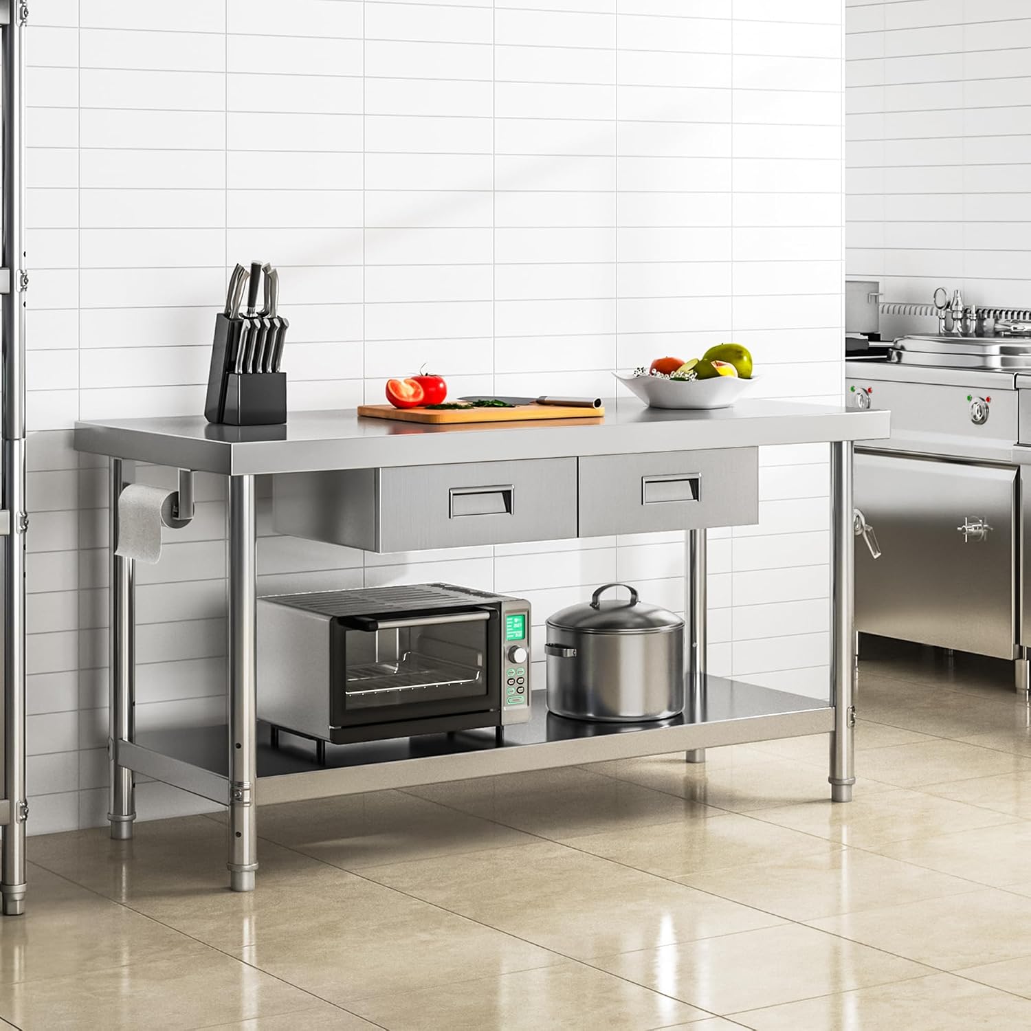 YITAHOME 60' X 24' Stainless Steel Table with Paper Towel Holder and 2 Drawers, NSF Work Table with Drawer, Metal Table Prep Table for Home Kitchen Restaurant Garage Warehouse