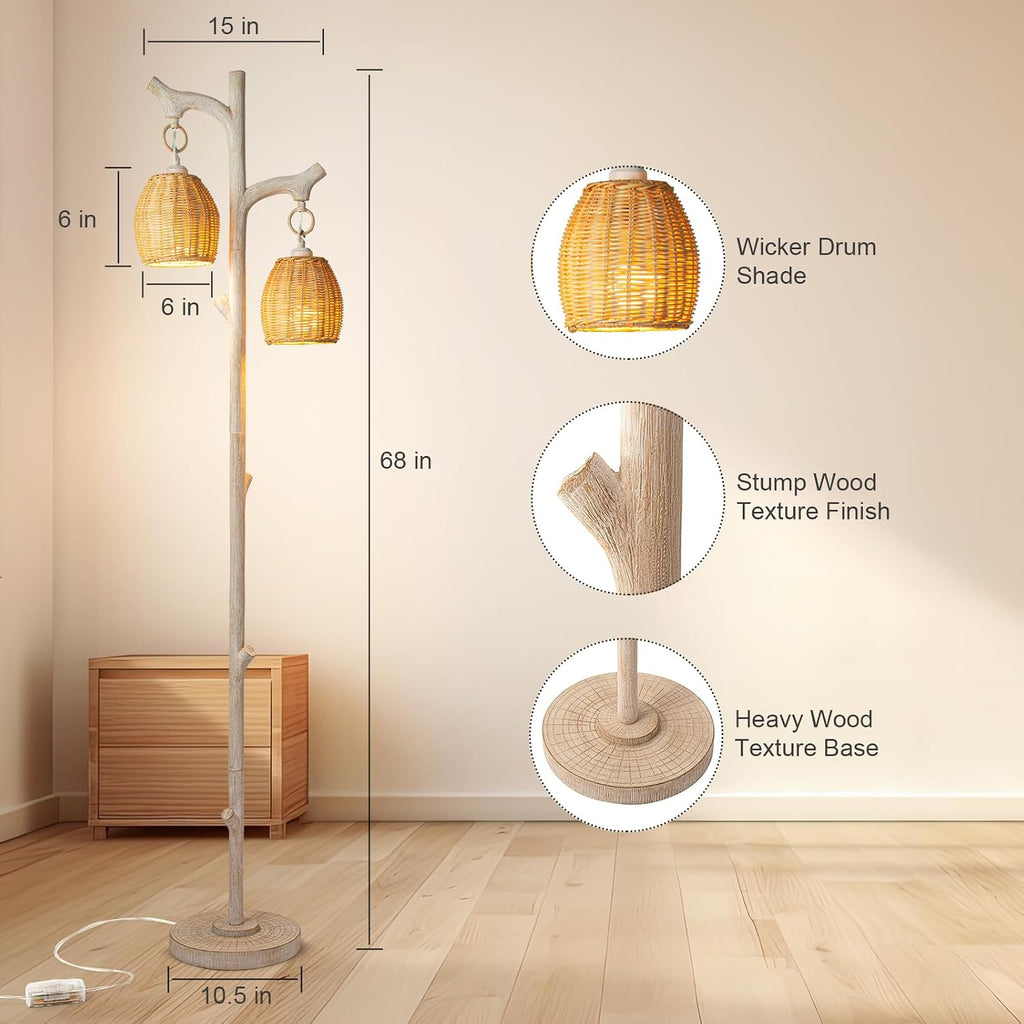 Scenekoy 68' High Farmhouse Rustic Country Cottage Floor Lamp Tree Trunk Faux Wood Column White Washed Wicker Drum Shade Decor for Living Room Bedroom Reading Room