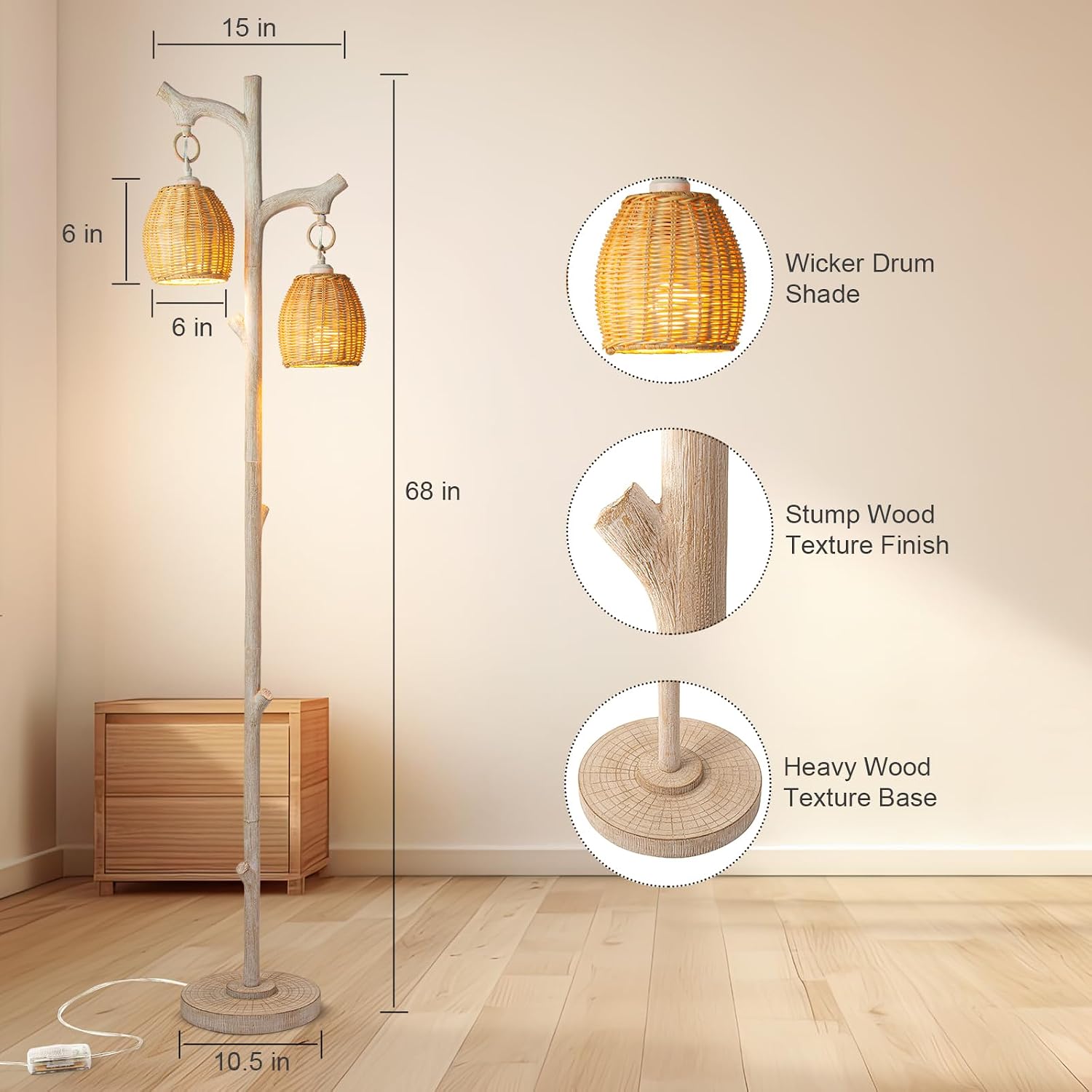 Scenekoy 68' High Farmhouse Rustic Country Cottage Floor Lamp Tree Trunk Faux Wood Column White Washed Wicker Drum Shade Decor for Living Room Bedroom Reading Room