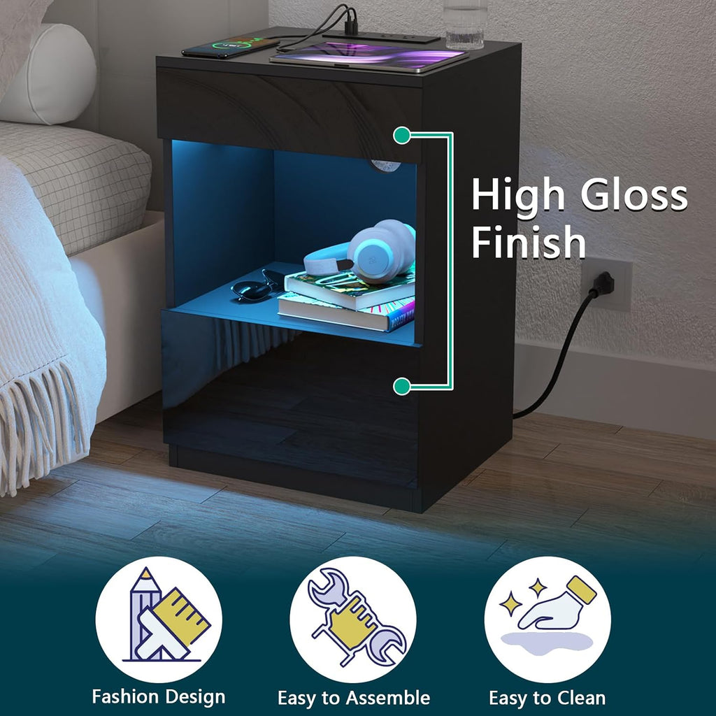 HOMMPA Set of 2 Open Shelf LED Nightstand with Charging Station 2 Drawers Bedside Table Black Night Stand with Storage Smart Nightstands High Gloss Night Table with Led Light for Bedroom Furniture