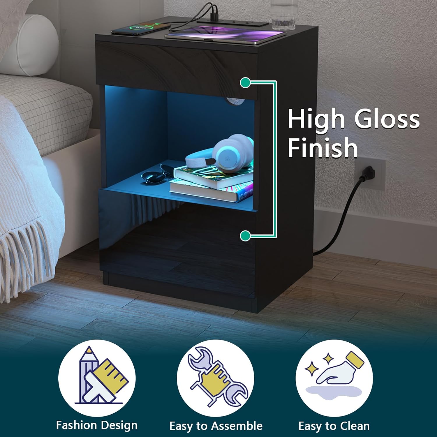 HOMMPA Set of 2 Open Shelf LED Nightstand with Charging Station 2 Drawers Bedside Table Black Night Stand with Storage Smart Nightstands High Gloss Night Table with Led Light for Bedroom Furniture