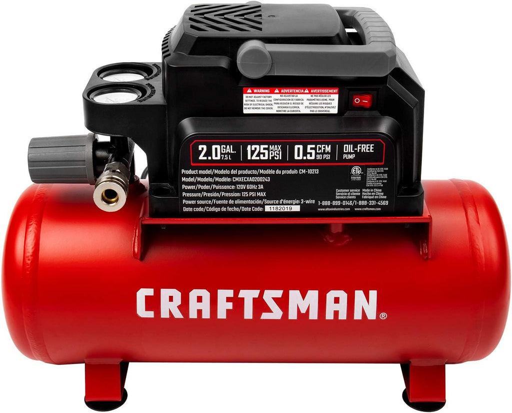 Craftsman Air Tools, 2 Gallon Portable Air Compressor 1/3 HP Oil-Free Max 125 PSI Pressure, Hot Dog, Model: CMXECXA0200243