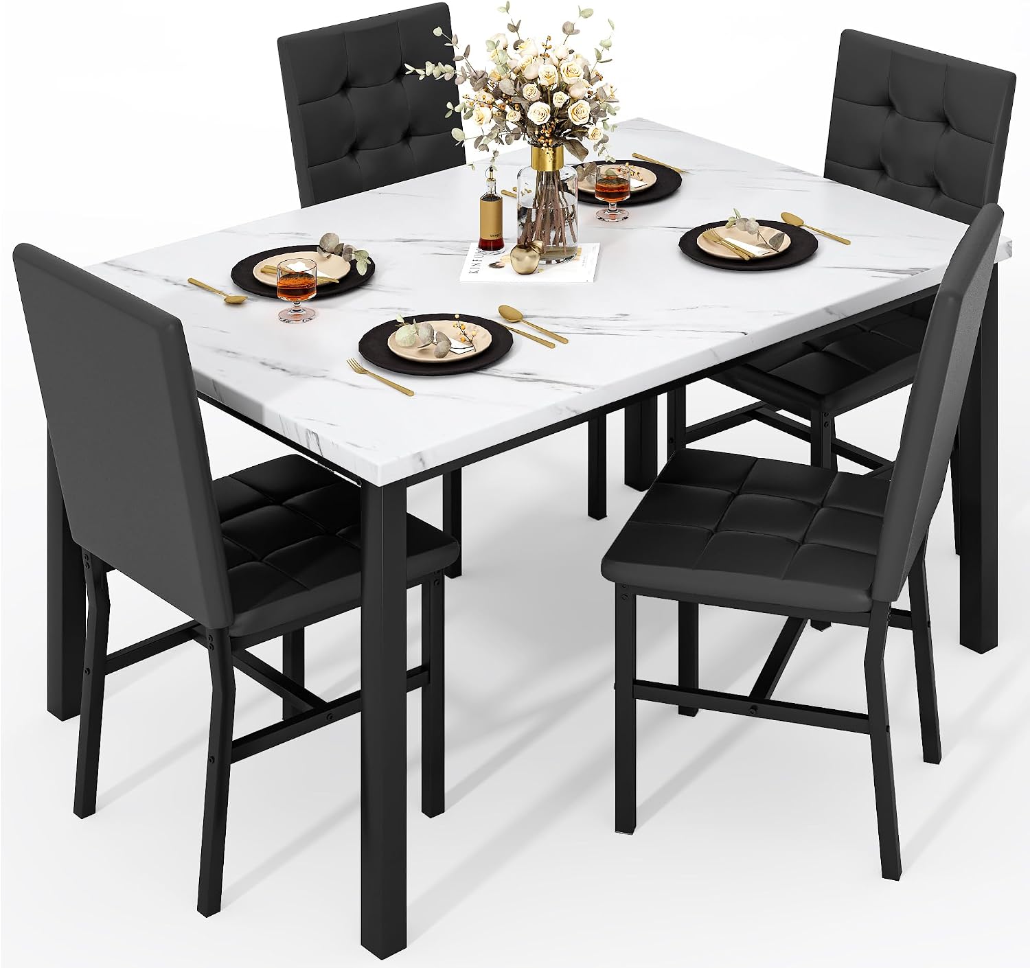 AWQM Dining Table Set for 4,Faux Marble Kitchen Table and Chairs Set of 4, Modern Dining Room Table Set for 4,Dinner Table with 4 Leather Chairs, Dinette Set for Small Spaces (White & Black)