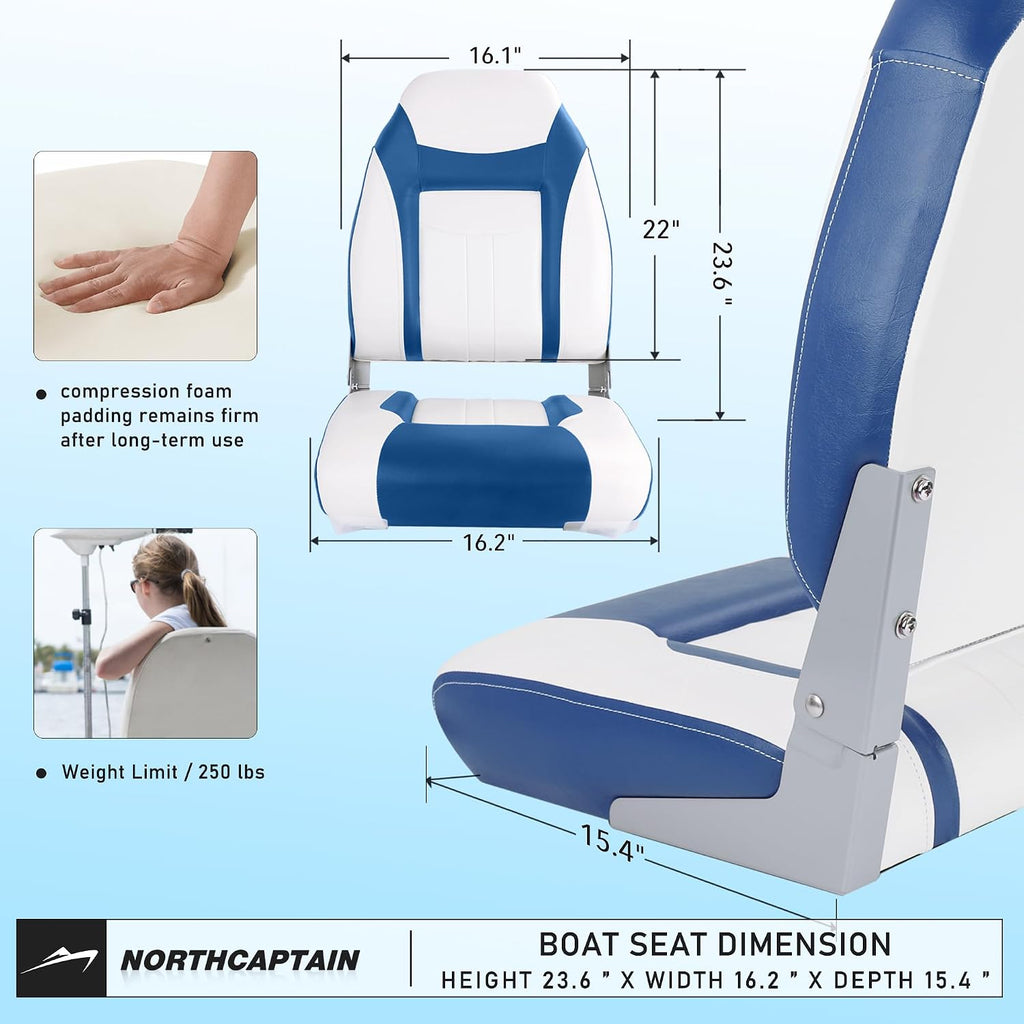 NORTHCAPTAIN S1 Deluxe A Pair of Marine High Back/Low Back Folding Fishing Boat Seat for Fishing, Bass/Jon/Pontoon Boat Chairs, 4 Mounting Screws Included